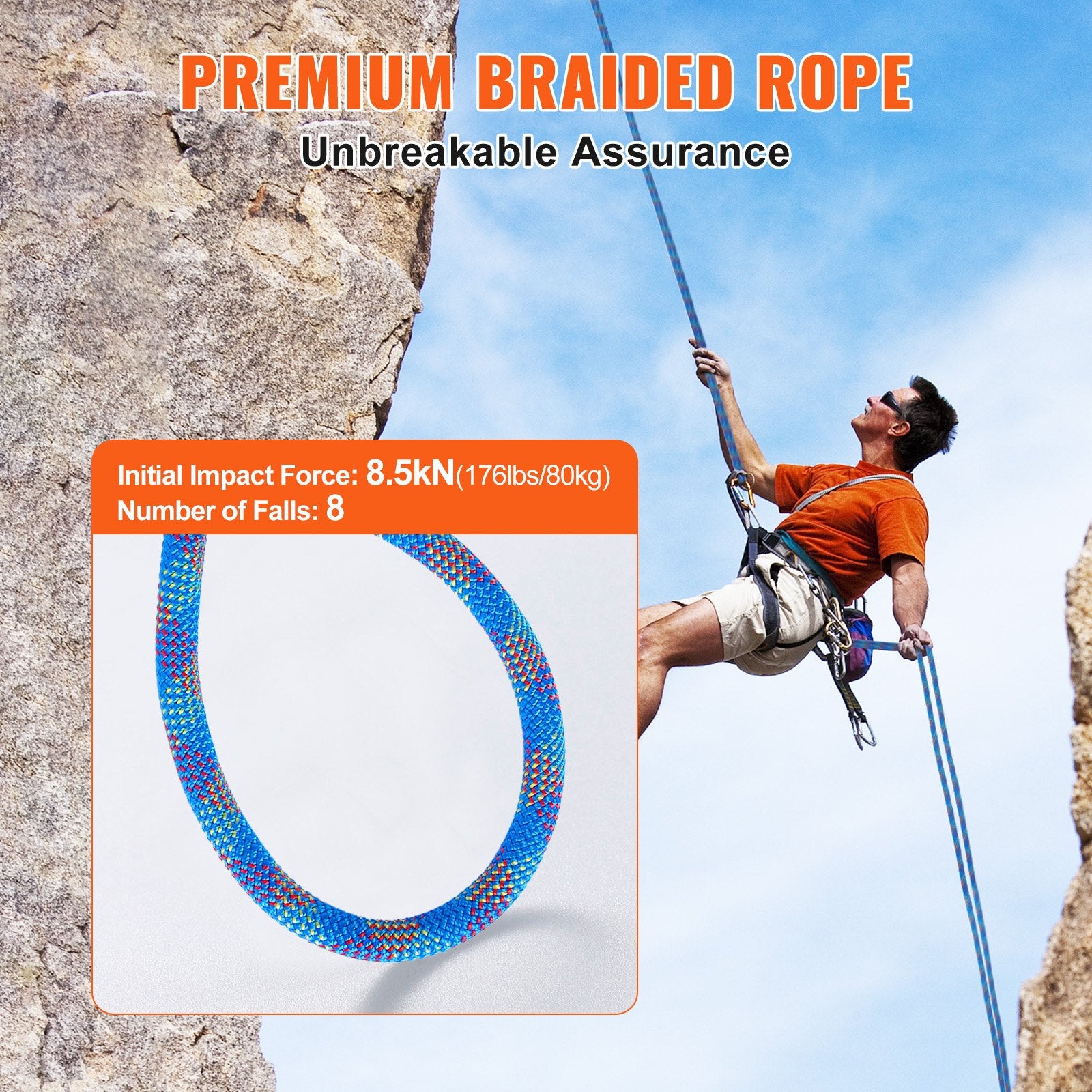VEVOR 10.2mm Dynamic Climbing Rope, 70M(230ft) Outdoor Rock Climbing Rope 25KN Breaking Tension, Stretchable Fiber Rope with Steel Snap Hooks for Escape, Rappelling, Fire Rescue, Blue