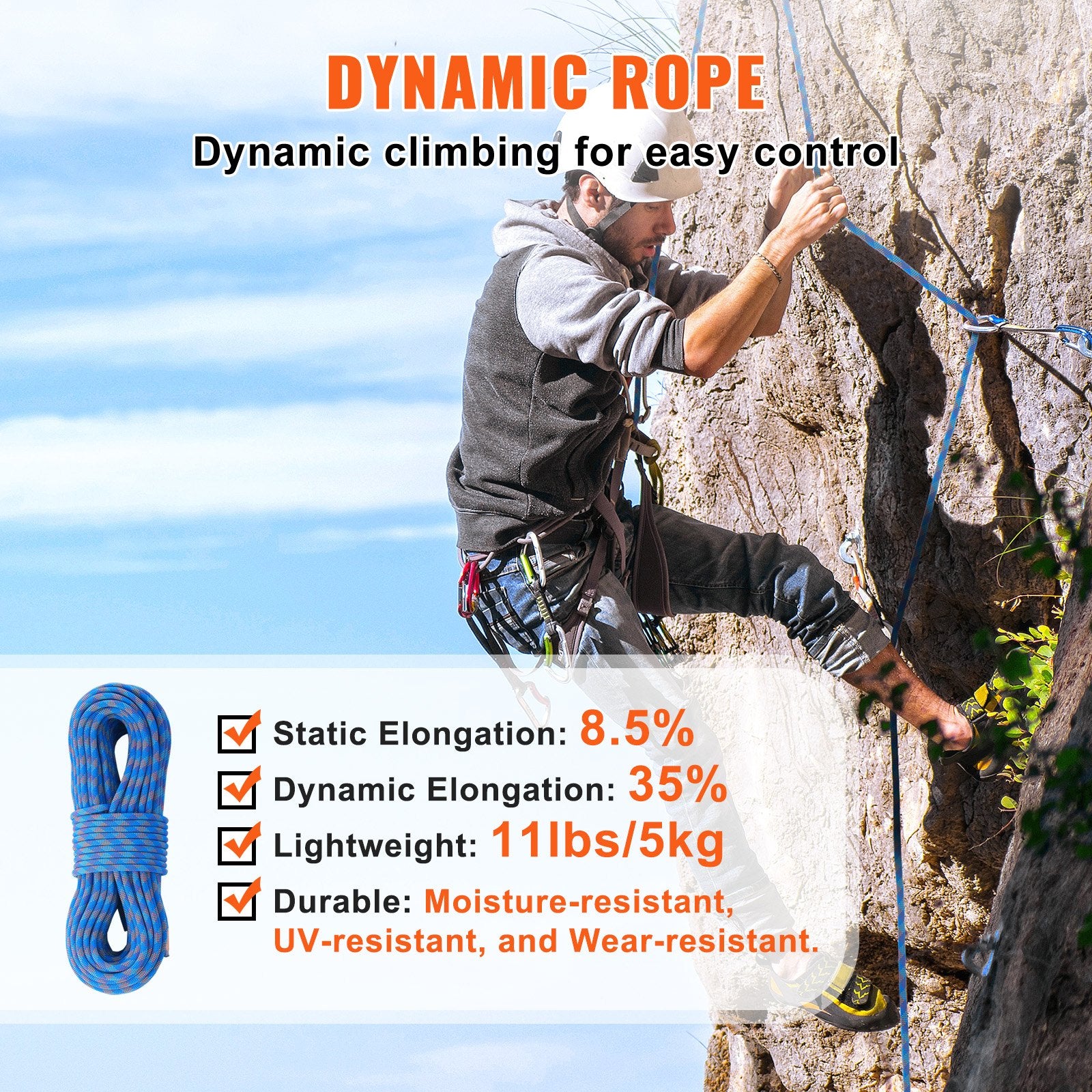 VEVOR 10.2mm Dynamic Climbing Rope, 70M(230ft) Outdoor Rock Climbing Rope 25KN Breaking Tension, Stretchable Fiber Rope with Steel Snap Hooks for Escape, Rappelling, Fire Rescue, Blue