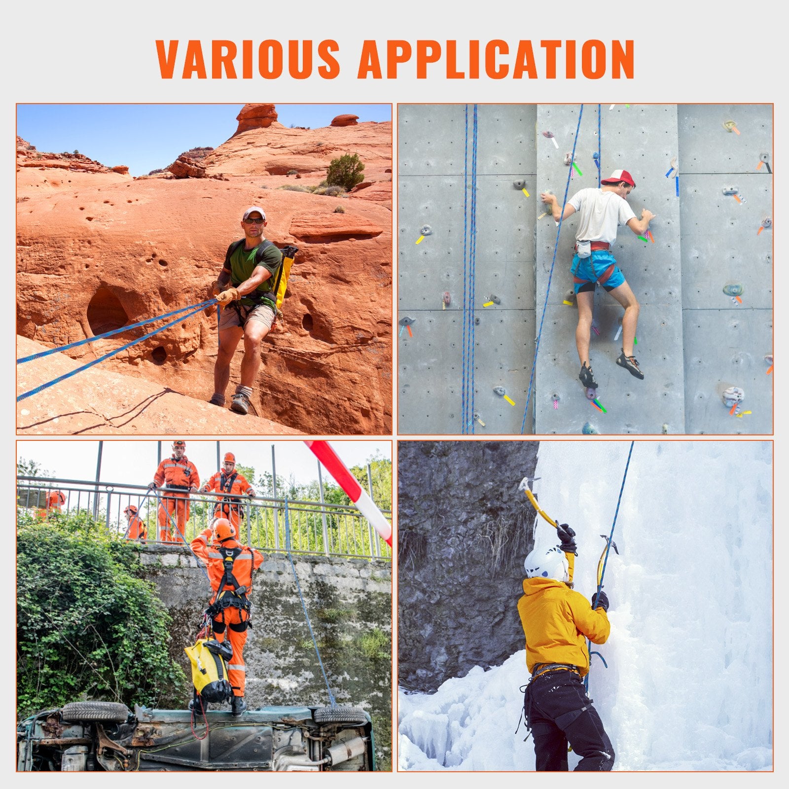 VEVOR 10.2mm Dynamic Climbing Rope, 70M(230ft) Outdoor Rock Climbing Rope 25KN Breaking Tension, Stretchable Fiber Rope with Steel Snap Hooks for Escape, Rappelling, Fire Rescue, Blue