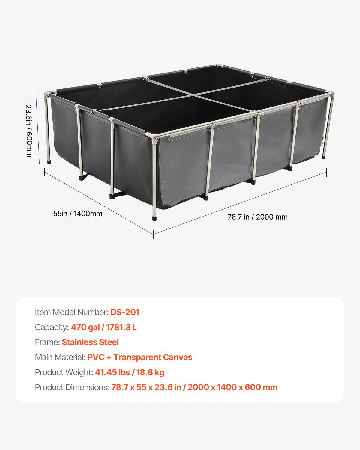 Canvas Fish Pond, 1781.3L Above Ground Fish Pond, PVC Koi Tank with Clear Viewing Panel, Rectangular Goldfish Tank with Stainless Steel Frame & Drain Valve, for Breeding Koi, Irrigation(Black)