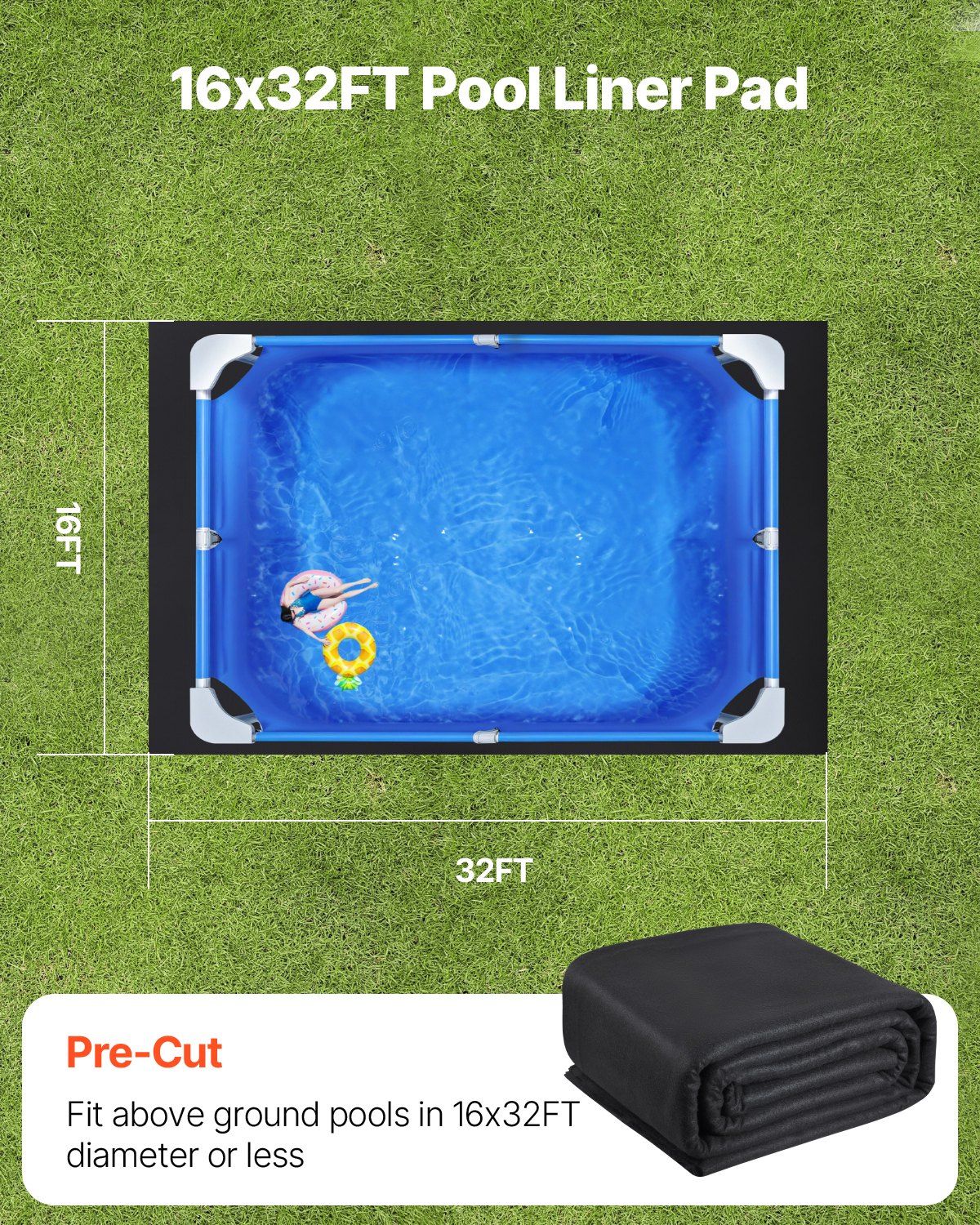 Rectangle Pool Liner Pad, 16 x 32 ft Pool Liner Pad for Above Ground Swimming Pools, Extra-Thick Pool Mat, Prevents Punctures, Recycled Geotextile Material Underlayment Pad, Extend Liner Life