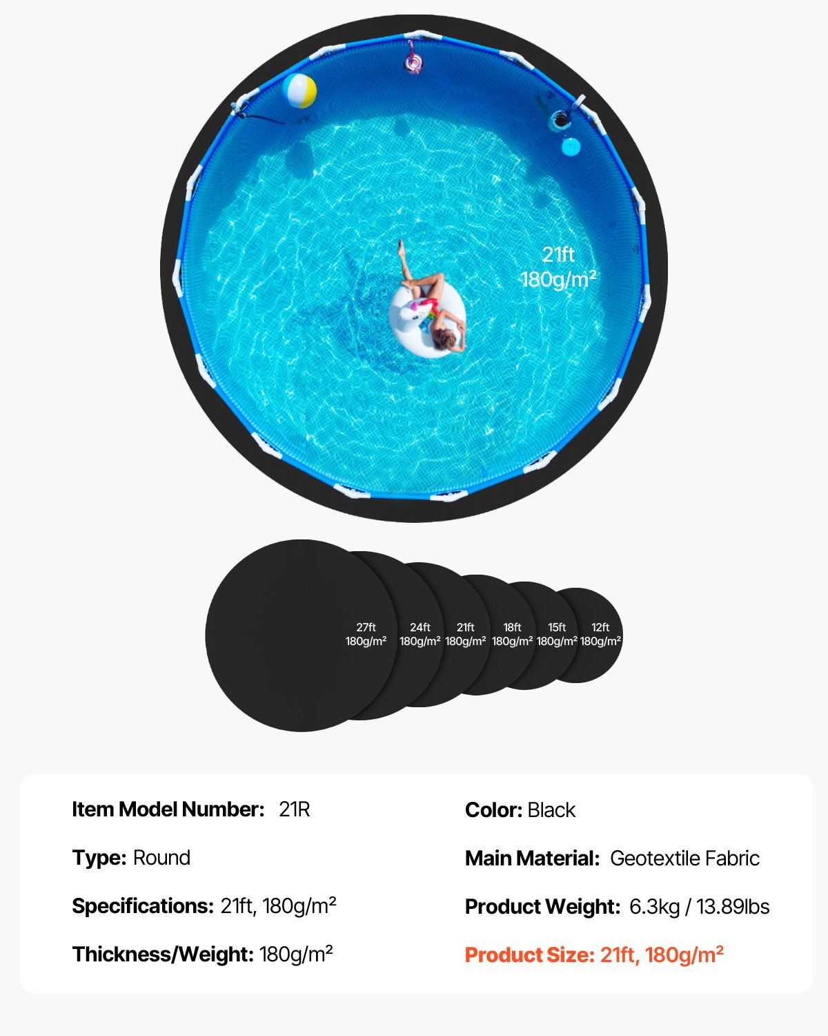 VEVOR 21ft Round Pool Liner Pad, Pool Liner Pad for Above Ground Swimming Pools, Extra-Thick Pool Mat, Prevents Punctures, Recycled Geotextile Material Underlayment Pad, Extend Liner Life