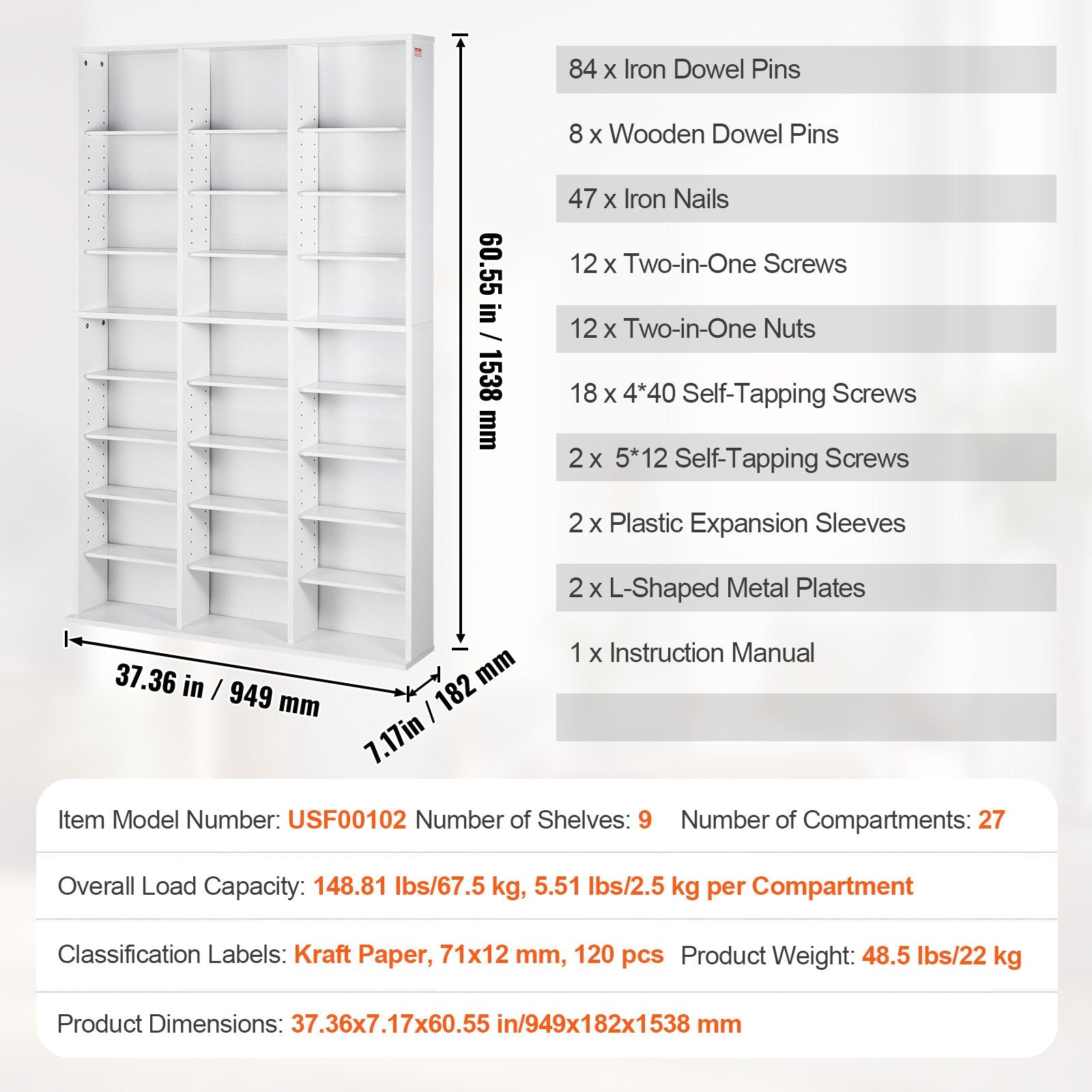 VEVOR Media Storage Cabinet, 9-layer DVD Shelf Holds up to 756 CDs, Adjustable CD Shelves 27 Compartments, Protects & Organizes Music, Movie, Video Games or Memorabilia Collections,White