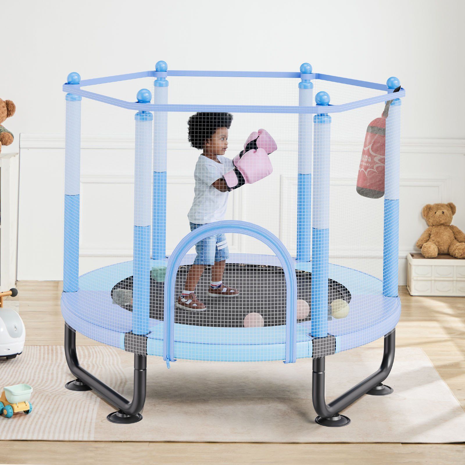 60" Kids Trampoline, 5FT Indoor Outdoor Trampoline, Mini Toddler Recreational Trampolinewith Safety Enclosure Net and Basketball Hoop, Birthday Gifts Christmas Toys for 3+ Years Children, Blue