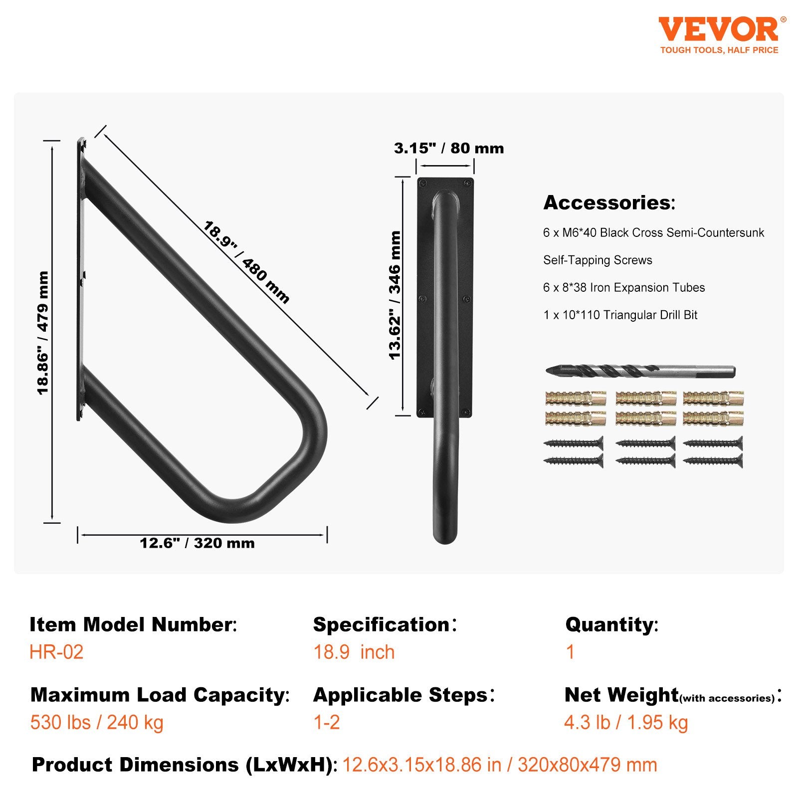 VEVOR Handrails for Outdoor Steps, 18.9" Length 1.3"Pipe Wall Mount Safety Railings for 1-2 Steps, Stair Handrail with Matte Black Finished,for Garden,Yard and Garage & Elderly,Pregnant Women, Disable