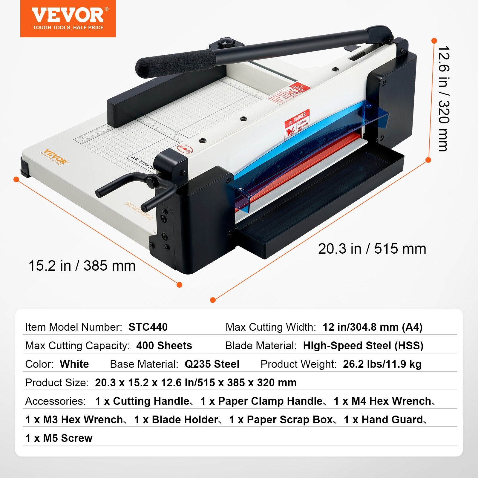 VEVOR Heavy Duty Paper Cutter, 304.8 mm Industrial Commercial Guillotine Paper Cutter for A4 Paper, 400 Sheet Capacity, Solid Steel Construction, Stack Paper Trimmer for Office Home School Shop, White