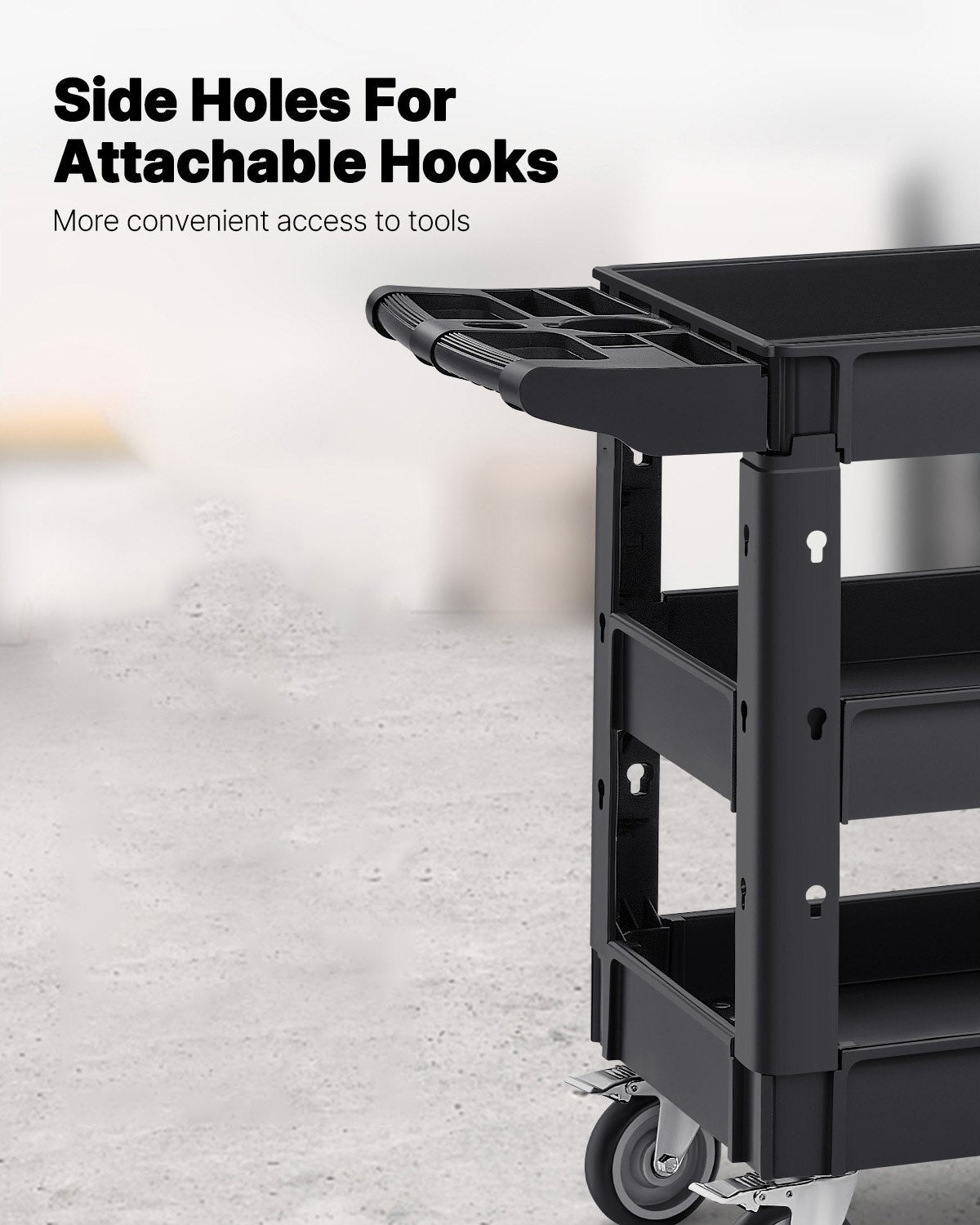 VEVOR Utility Service Cart, 550 LBS Laod Capacity, 3 Shelf Heavy Duty Plastic Rolling Utility Cart with 360° Swivel Wheels (2 with Brakes), Ergonomic Storage Handle for Warehouse/Garage/Cleaning