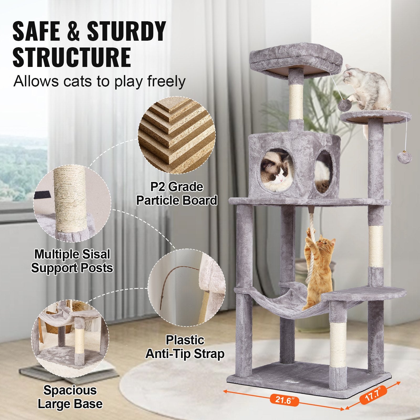 VEVOR Cat Tree 143 cm Cat Tower with Cat Condo Sisal Scratching Post Light Grey