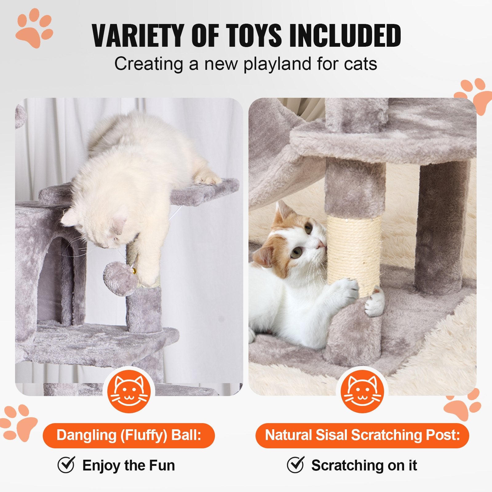 VEVOR Cat Tree 160 cm Cat Tower with 2 Cat Condos Scratching Post Light Grey