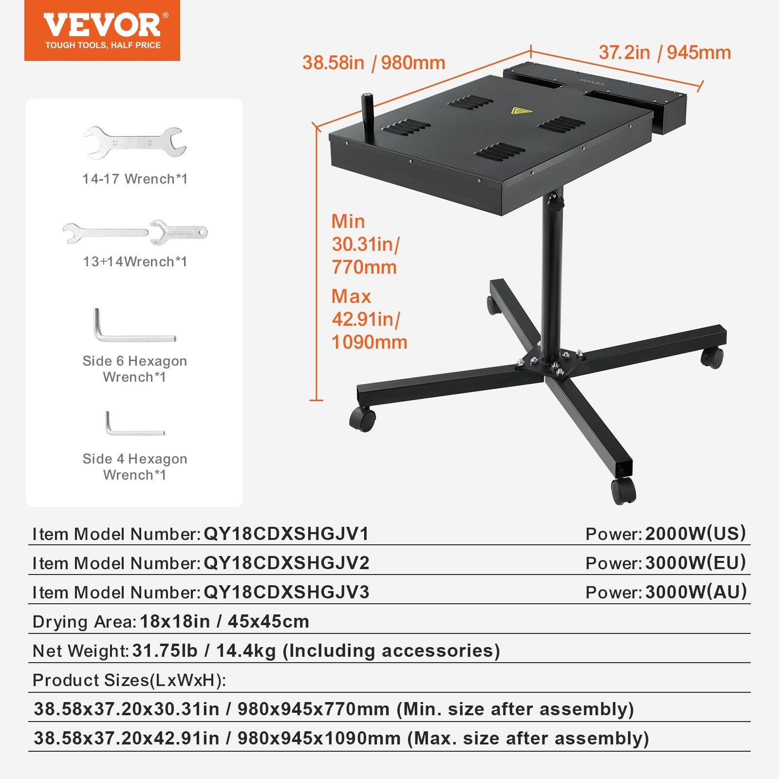 Flash Dryer, 18 x 18 inch Flash Dryer for Screen Printing, High Power Silk Screen Printing Dryer with Height Adjustable Stand, 360° Rotation, X-Shaped Base, Steel T-Shirt Curing Machine