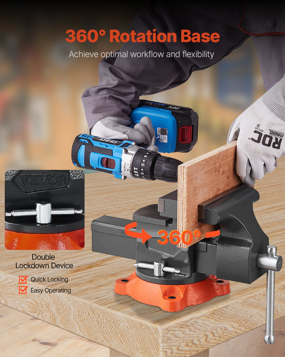 VEVOR Bench Vise, 140 mm Jaw Width, 140 mm Max Jaw Opening Multipurpose Vise with 360° Swivel Locking Base, 73 mm Throat, Heavy Duty Ductile Iron Workbench Vise, Two-Way Jaws for Clamping Round Pipes