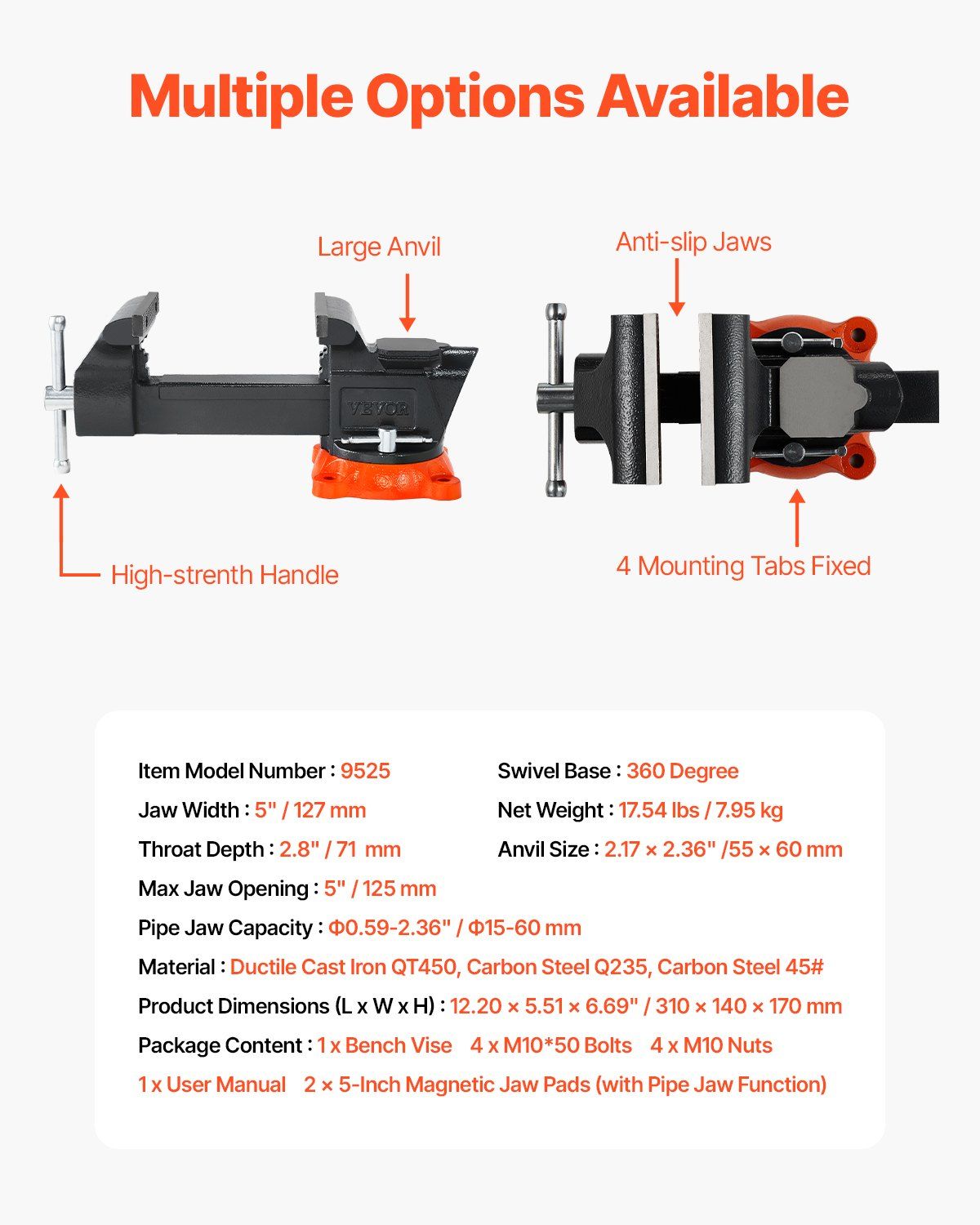 Bench Vise, 127 mm Jaw Width, 125 mm Max Jaw Opening Multipurpose Vise with 360° Swivel Locking Base, 71 mm Throat, Heavy Duty Ductile Iron Workbench Vise with Anvil, for Clamping Round Pipes