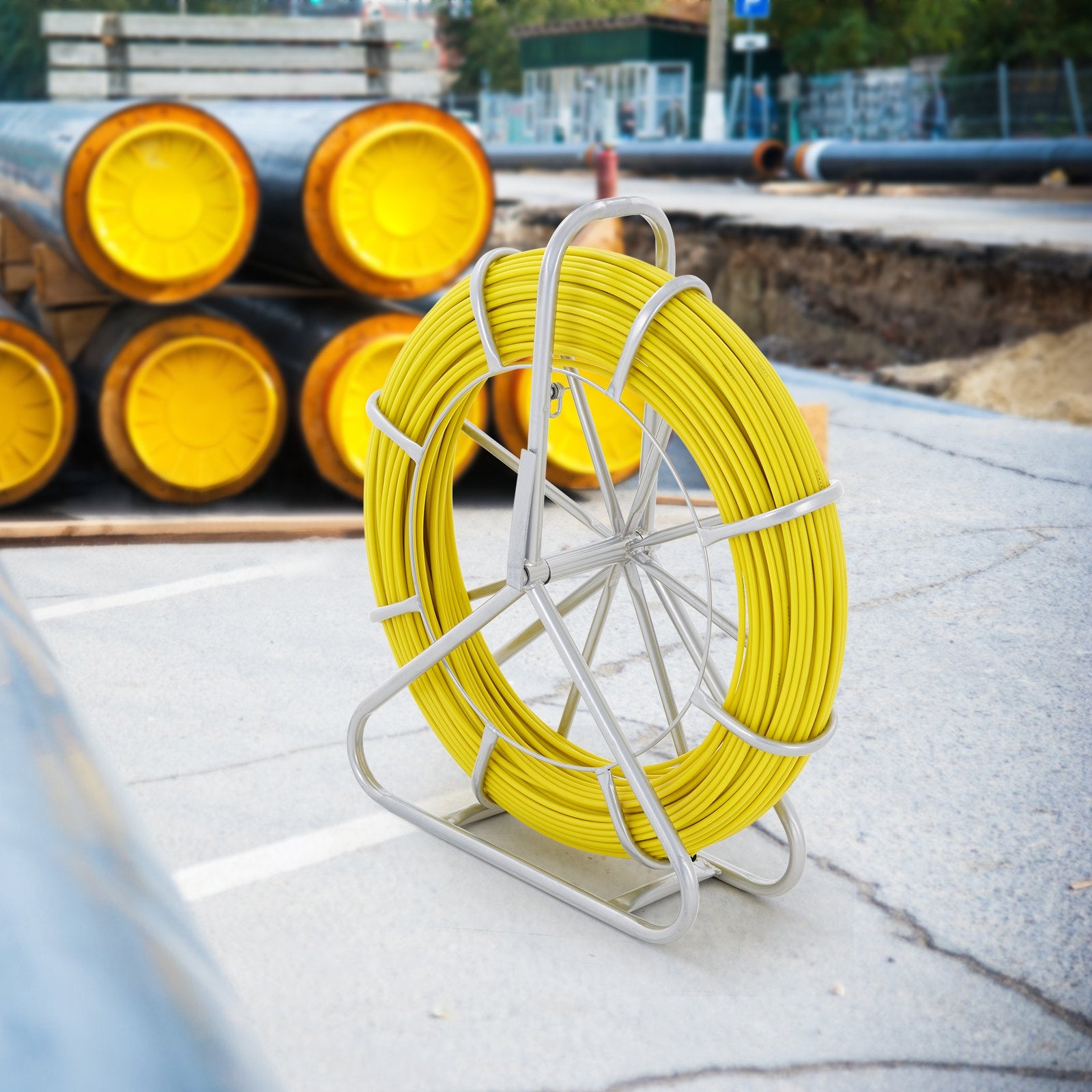 VEVOR Fish Tape Fiberglass, 182.88 m, 7.9 mm, Duct Rodder Fishtape Wire Puller, Cable Running Rod with Steel Reel Stand, 3 Pulling Heads, Fishing Tools for Walls and Electrical Conduit, Non-Conductive