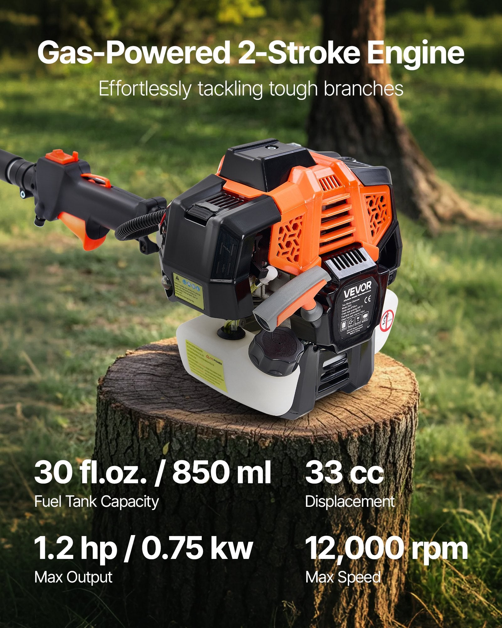 VEVOR Gas Pole Saw, 33CC 2 Stroke Gas Powered Pole Saws with 20.3 cm Cutting Bar, Cordless Tree Trimmer with 850ml Fuel Tank, 2 to 3.5 m  Extendable, Powerful Chainsaw for Tree Trimming Pruning