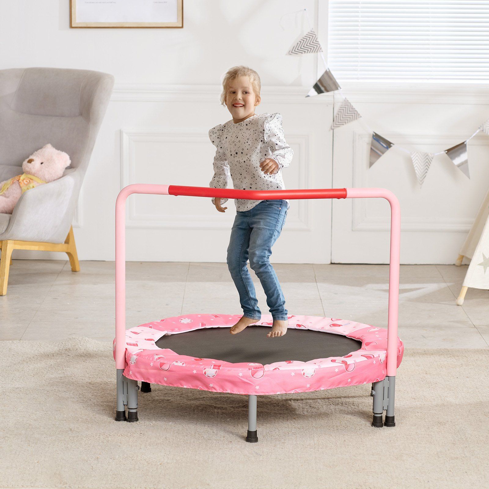 36" Kids Trampoline, 3FT Indoor Outdoor Trampoline, Foldable Mini Trampoline with Handle, Rebounder Trampoline for Toddlers, Birthday Gift for 3+ Years Children, Boys Girls for Fun, Red