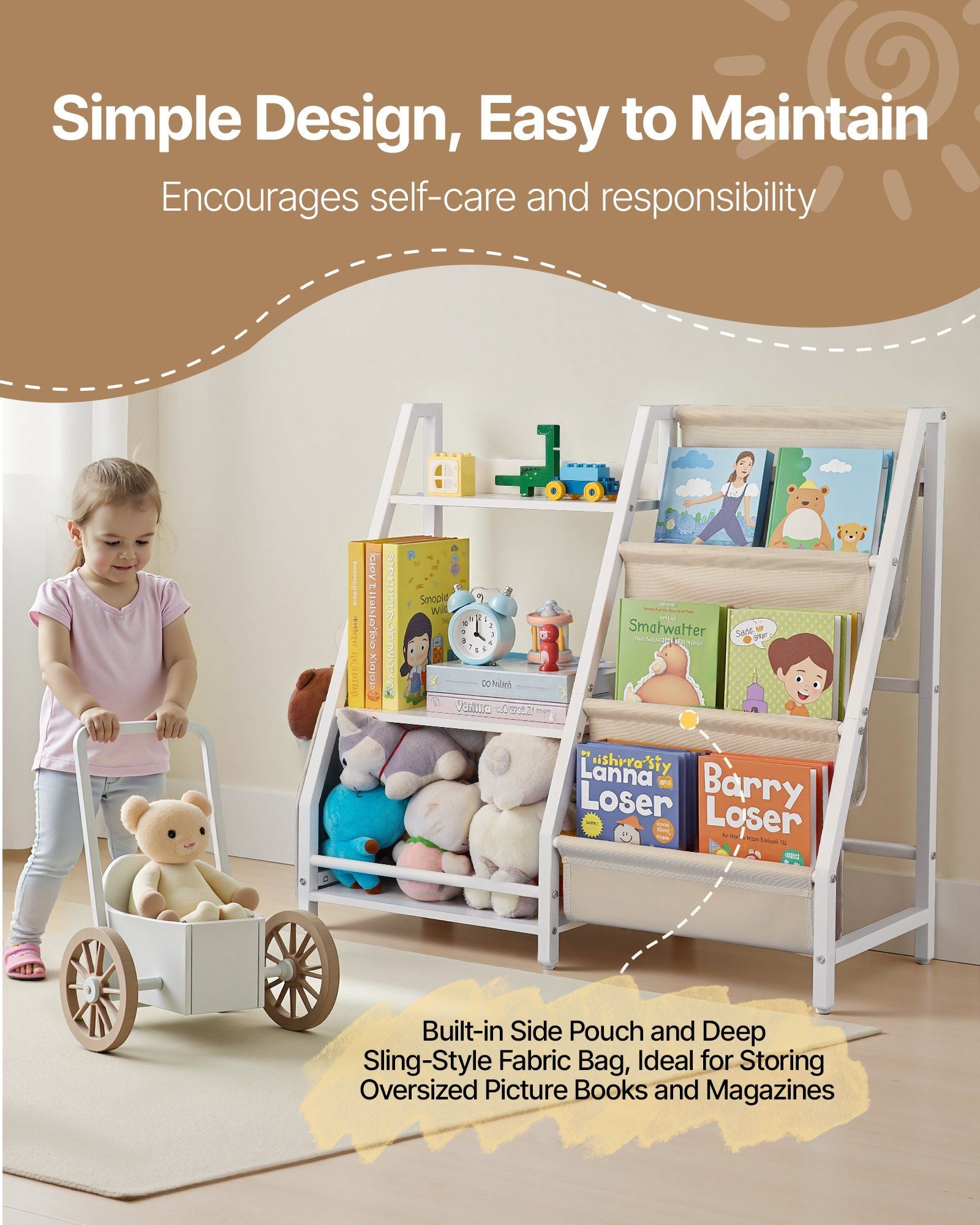 3-Tier Kids Bookshelf, Toy Storage Organizer for Toddler, Book Shelf for Kids Rooms with Sling Book Rack and Storage Bag, Kids Storage Book Shelves for Kids Room, Playroom, Kindergarten, Nursery