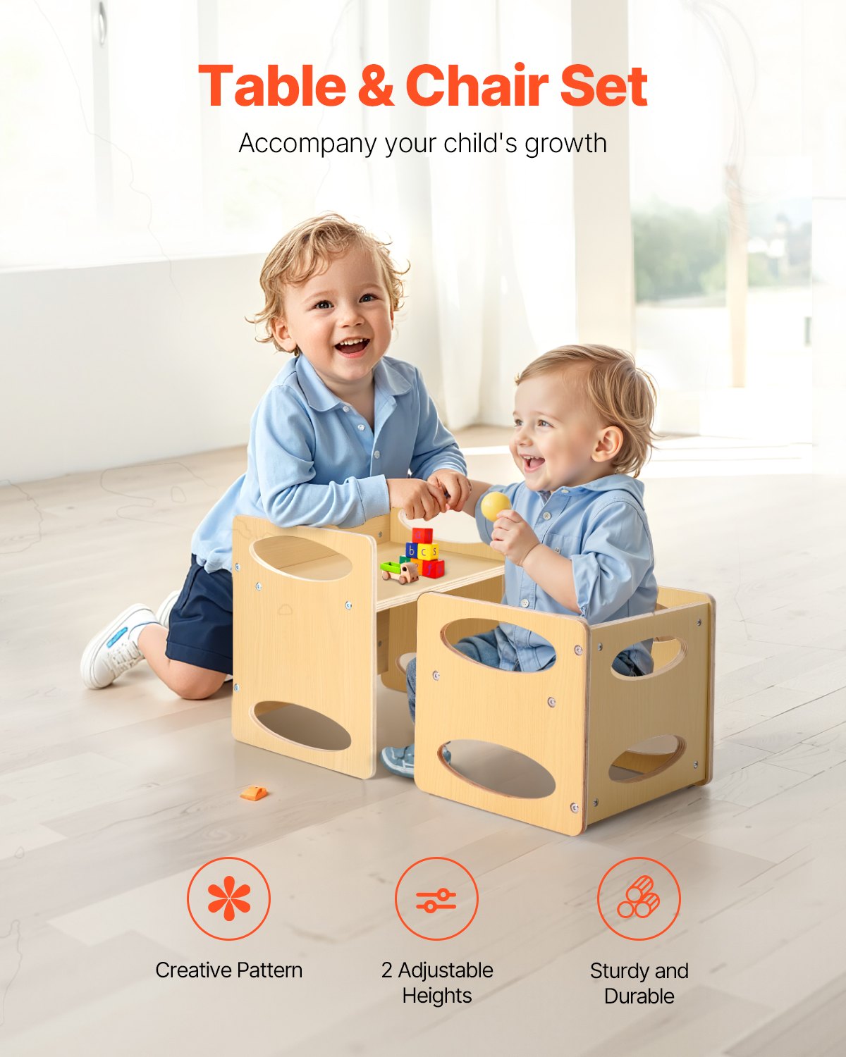 VEVOR Montessori Weaning Table and Chair Set, Wooden Toddler Table and Chair Set for Aged 1-5, Adjustable Height Kids Montessori Chair and Activity Table, Ideal for Reading, Eating, Playing - Natural