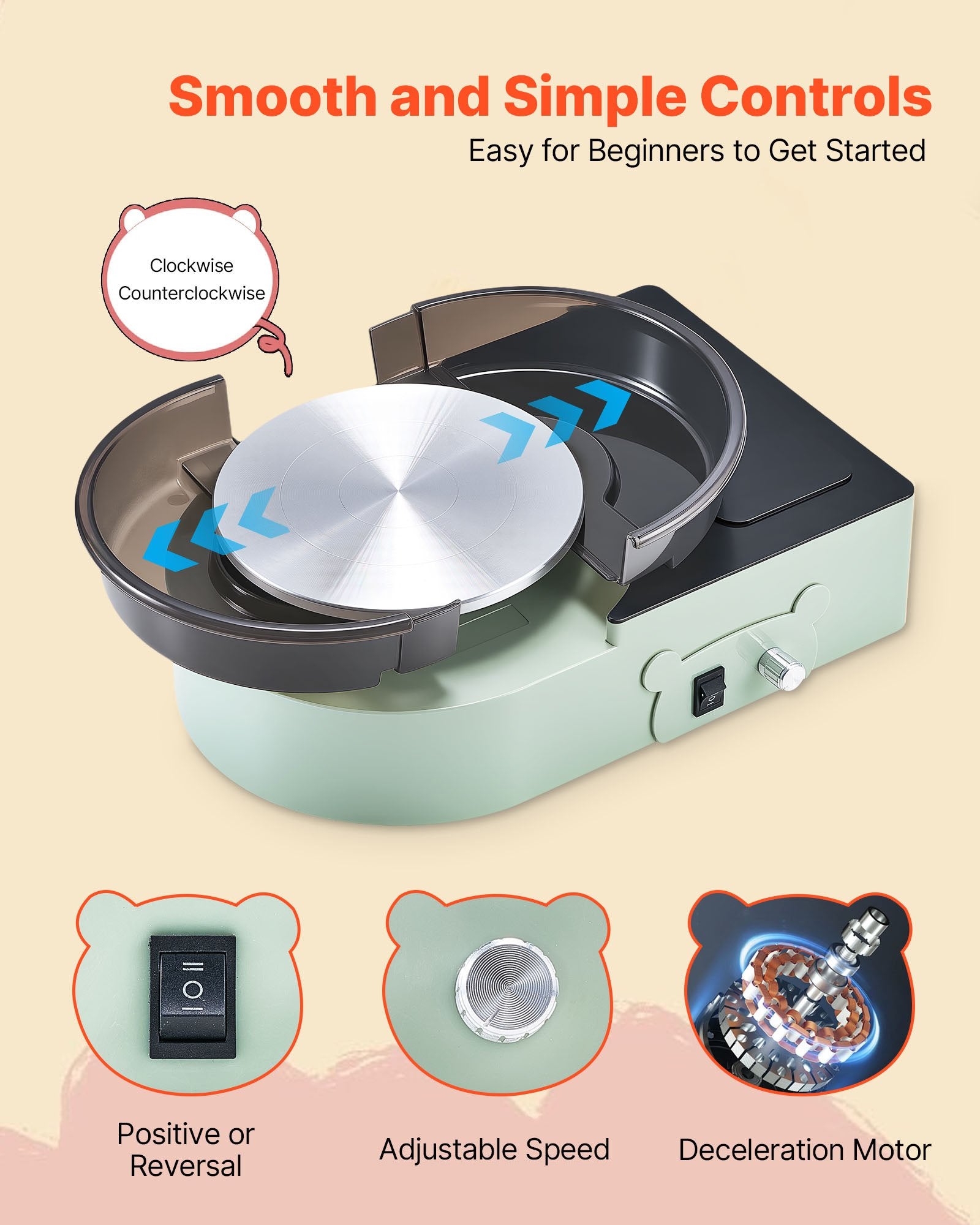 VEVOR Mini Pottery Wheel, 158 mm Turntable, Forward and Reverse Rotation, Adjustable Speed, Electric Clay Wheel for Kids and Adults, with Clay Shaping Tools, for Home DIY, Pottery Classes, Green