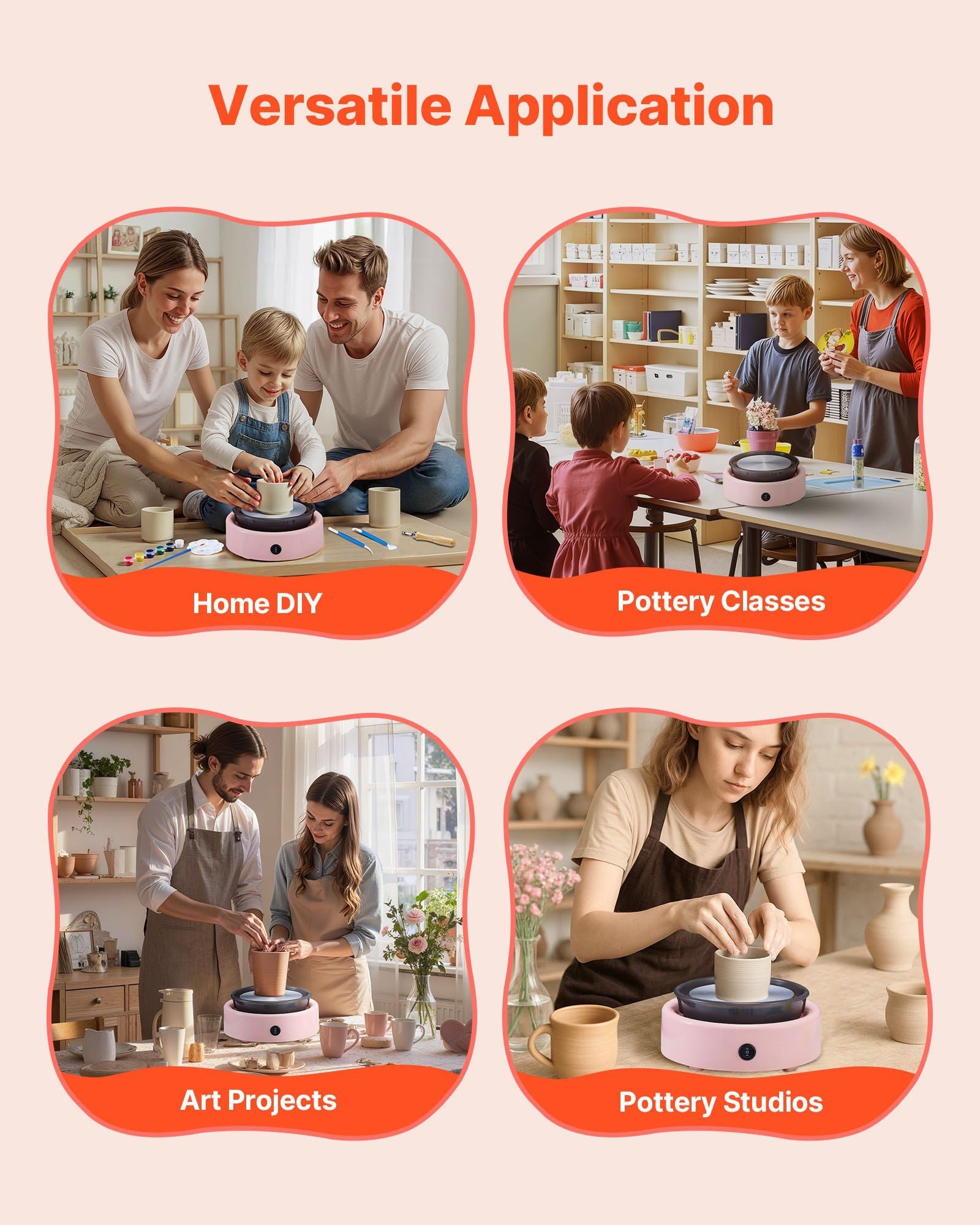 Mini Pottery Wheel, 158 mm Turntable, Forward and Reverse Rotation, Adjustable Speed, Electric Clay Wheel for Kids and Beginners, with Shaping Tools, for Home DIY, Pottery Classes, Pink