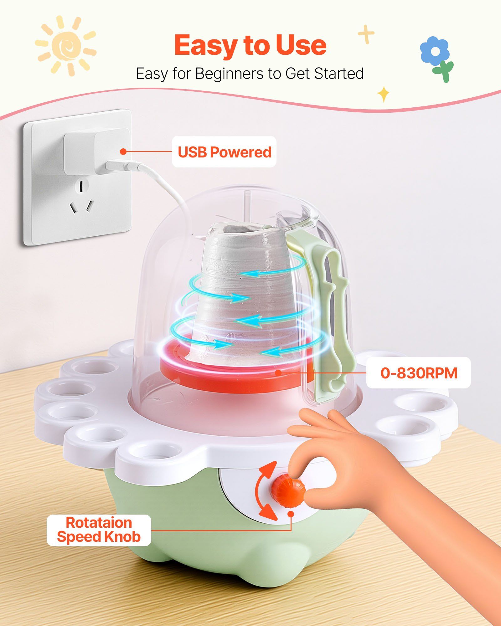Mini Pottery Wheel, 50 mm and 80 mm Turntables, Adjustable Speed, Electric Clay Wheel for Kids and Beginners, Complete Pottery Set with Clay Sculpting Tools, Gift for Boys and Girls, Green