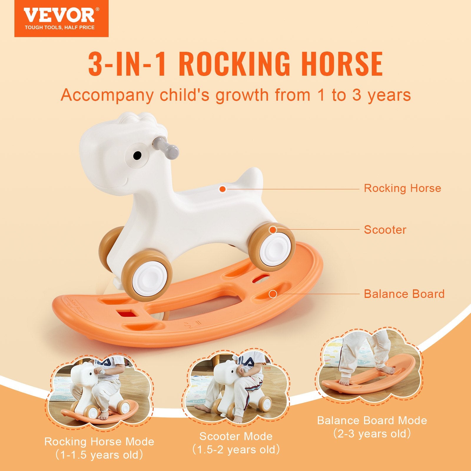 VEVOR 3 in 1 Rocking Horse for Toddlers 1-3 Years, Baby Rocking Horse with Detachable Balance Board and 4 Smooth Wheels, Support up to 80 lbs HDPE Material Kids Ride on Toy, Swinging, Orange