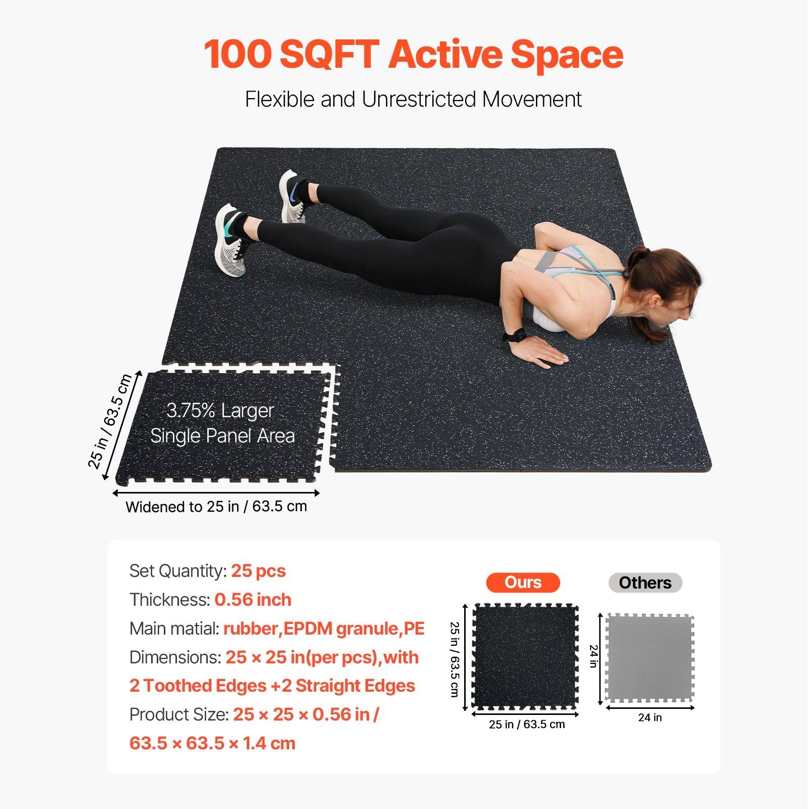 0.56 Inch Thick Gym Floor Mats, 25 Tiles Rubber Top with EVA Foam, 25" x 25" Gym Flooring Workout Mats with 100sq.ft Coverage, Interlocking Puzzle Gym Mats for Gym, Home, Garage, Black & White