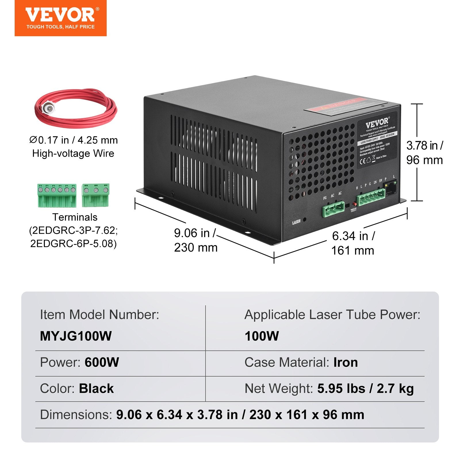 VEVOR CO2 Laser Power Supply, 100W, Power Supply for 100W Laser Tube, Constant Current Protection, Open Circuit Protection, Fast Heat Dissipation, Compatible for Multi-brand Laser Engravers & Cutters