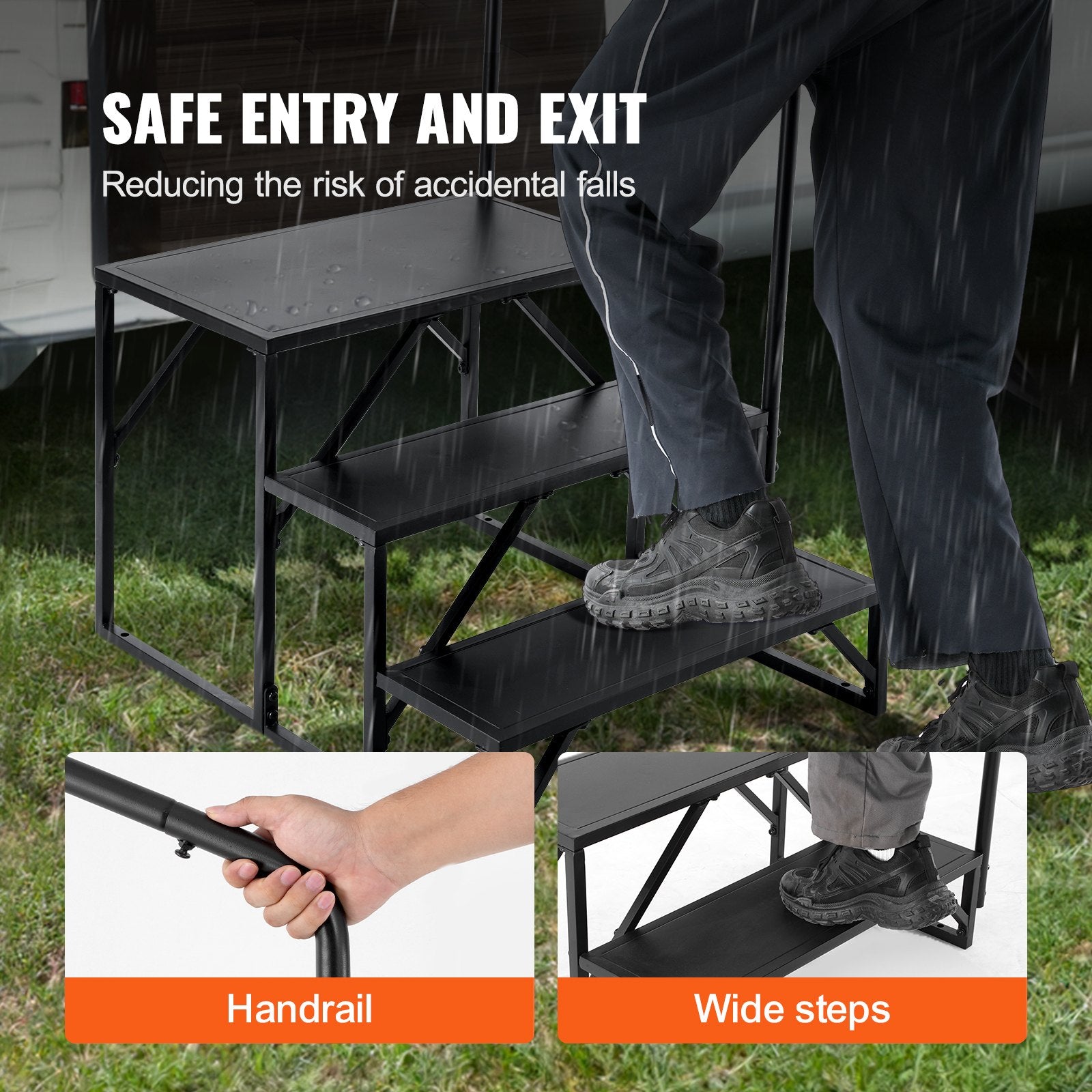 VEVOR RV Steps, 3-Step RV Stairs, 199.58KGS Load Capacity, Thickened Carbon Steel, With Handrail, Non-Slip Steps for Safe Entry and Exit, Suit for RV, Trailer, Camper Steps