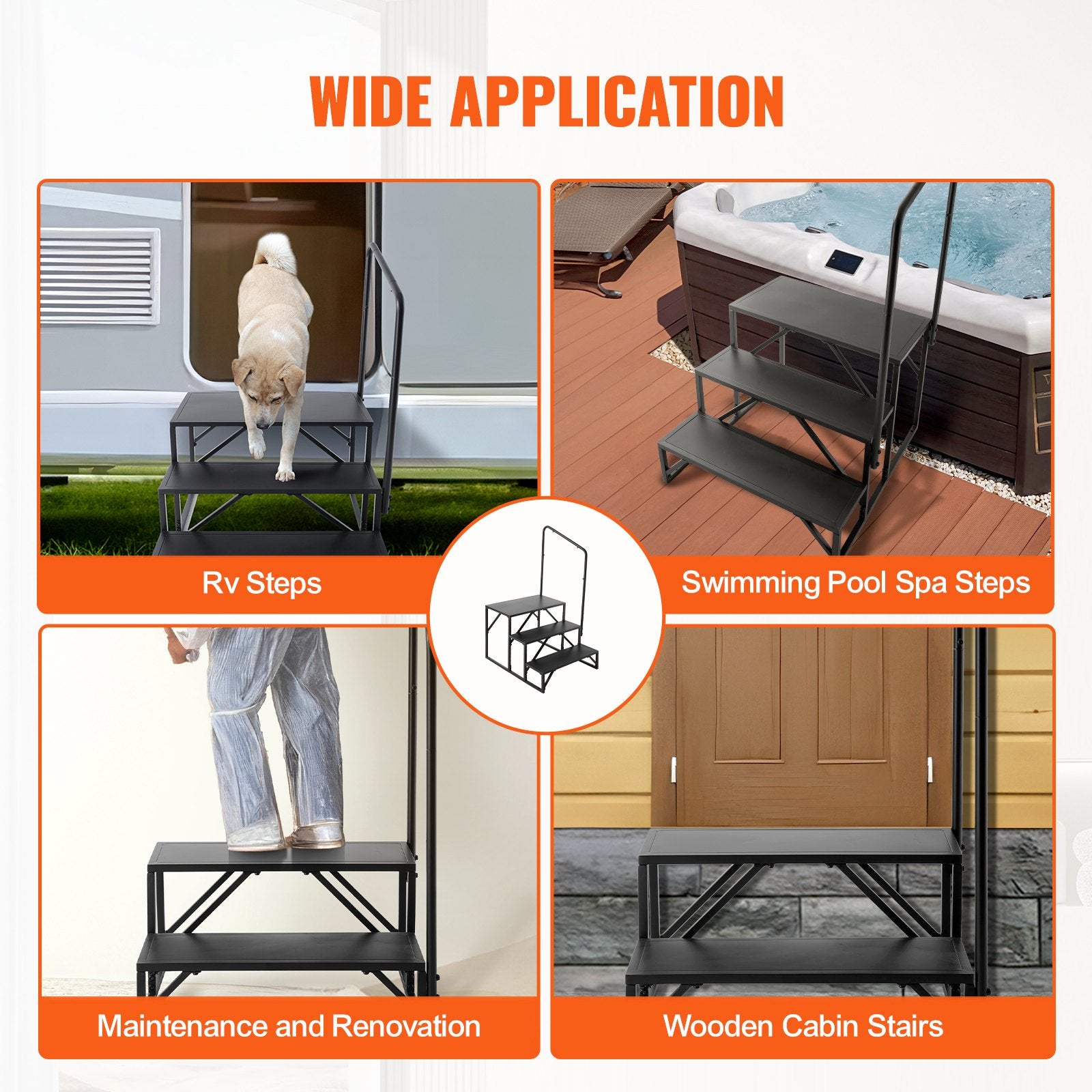 VEVOR RV Steps, 3-Step RV Stairs, 199.58KGS Load Capacity, Thickened Carbon Steel, With Handrail, Non-Slip Steps for Safe Entry and Exit, Suit for RV, Trailer, Camper Steps