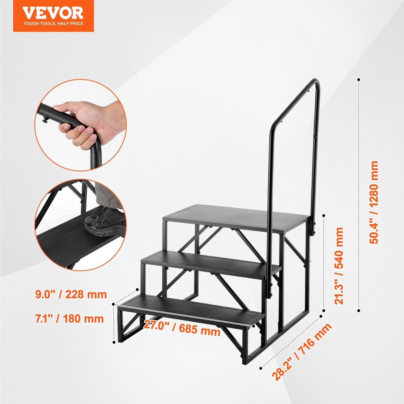 VEVOR RV Steps, 3-Step RV Stairs, 199.58KGS Load Capacity, Thickened Carbon Steel, With Handrail, Non-Slip Steps for Safe Entry and Exit, Suit for RV, Trailer, Camper Steps