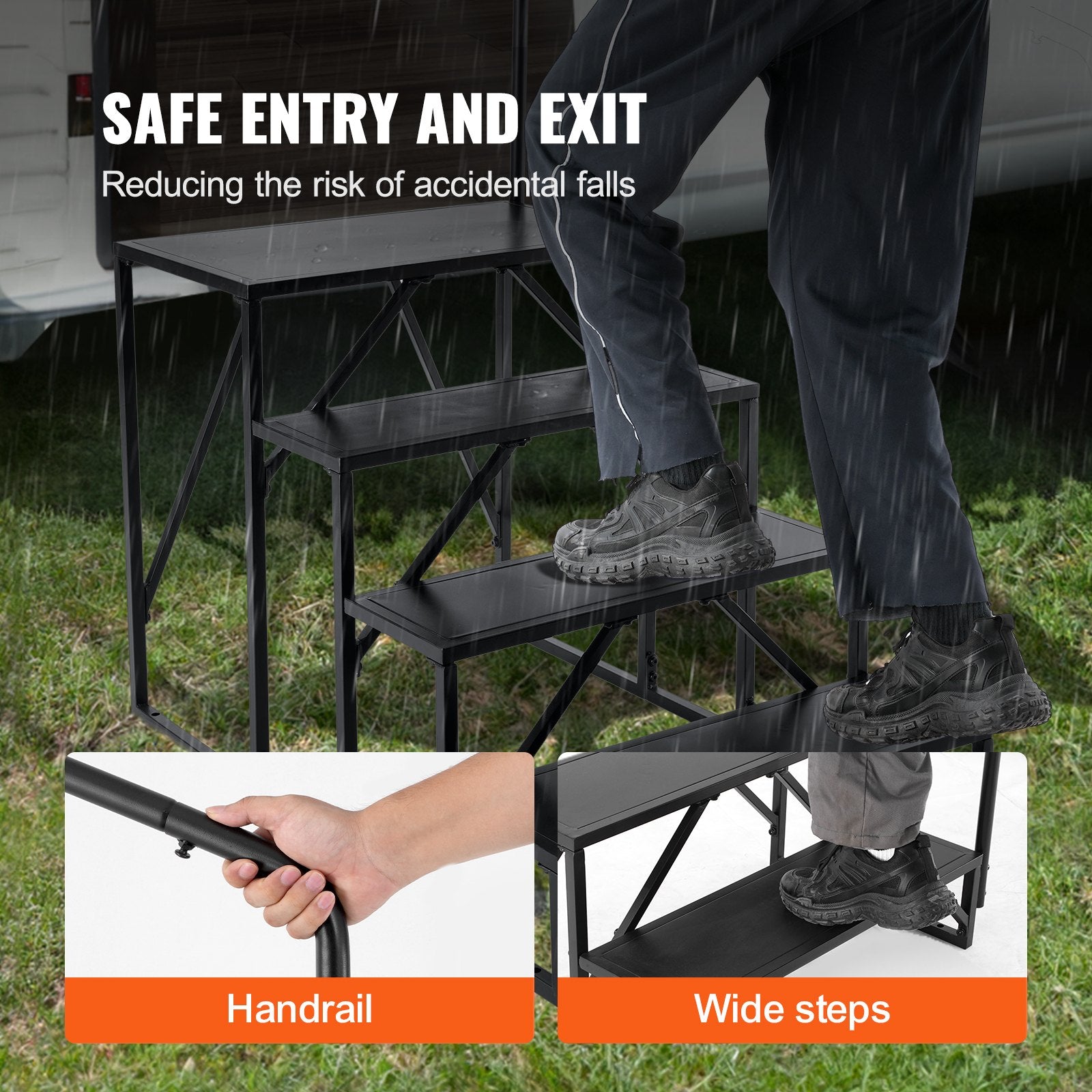 VEVOR RV Steps, 4-Step RV Stairs, 199.58KGS Load Capacity, Thickened Carbon Steel, With Handrail, Non-Slip Steps for Safe Entry and Exit, Suit for RV, Trailer, Camper Steps