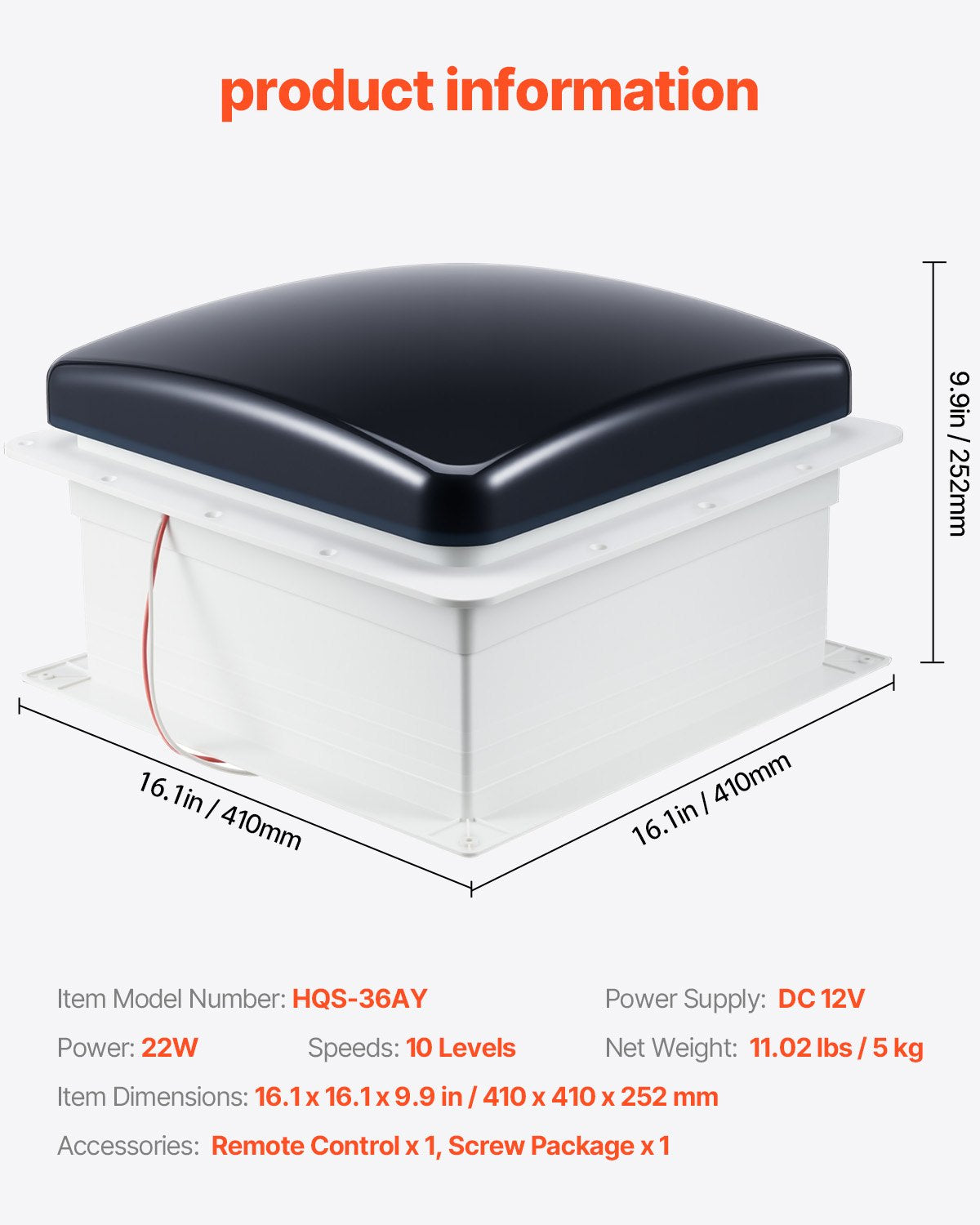 VEVOR RV Vent Roof Fan 355.6 mm 10-Speed Reversible with Remote Control