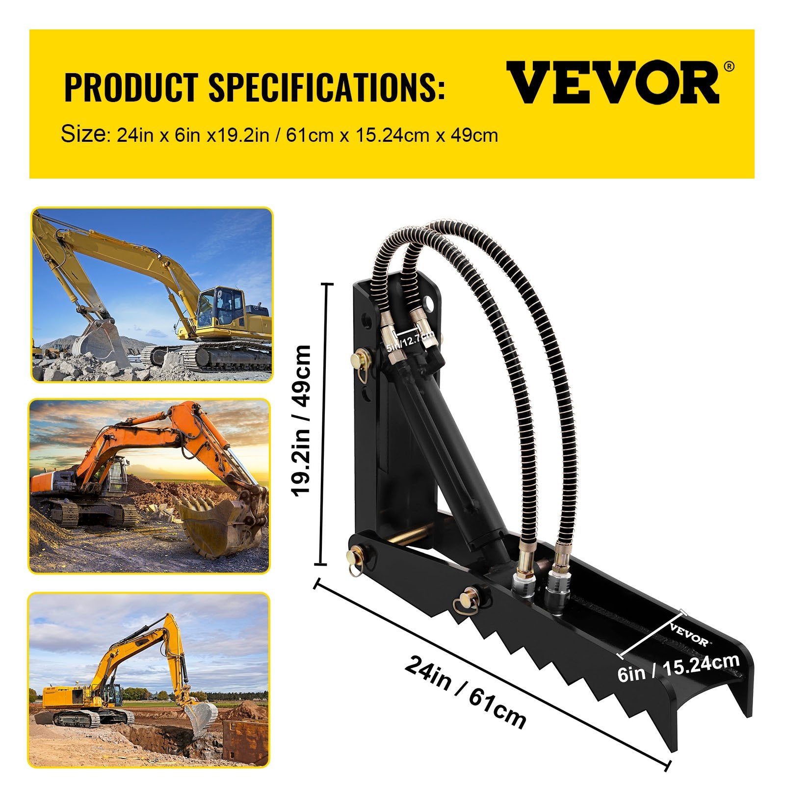 VEVOR 61cm Hydraulic Backhoe Excavator Thumb Attachments Weld On 1.27cm Teeth Thick Steel Plate Assembly 12MM Bolt-On Design with Hydraulic Cylinder