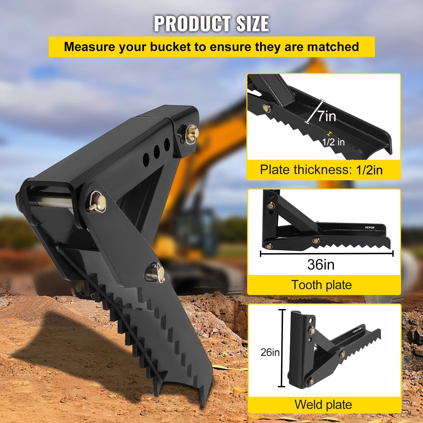 VEVOR Backhoe Excavator Thumb Attachments, 91.44 cm Adjustable Extreme Weld On Backhoe Thumb Hoe Clamp 1.27 cm Inch Teeth Thick Steel Plate 16MM Assembly Bolt-On Design