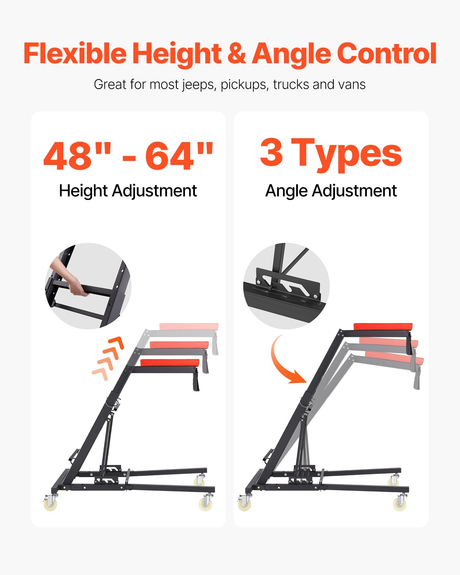 VEVOR Automotive Topside Creeper, Engine Creeper 42.5"-64.8", 181.44KGS Capacity High Top Creeper, 4 Swivel Caster Wheels, Padded Deck, Creeper for Home Garage, Workshop Repair Maintenance