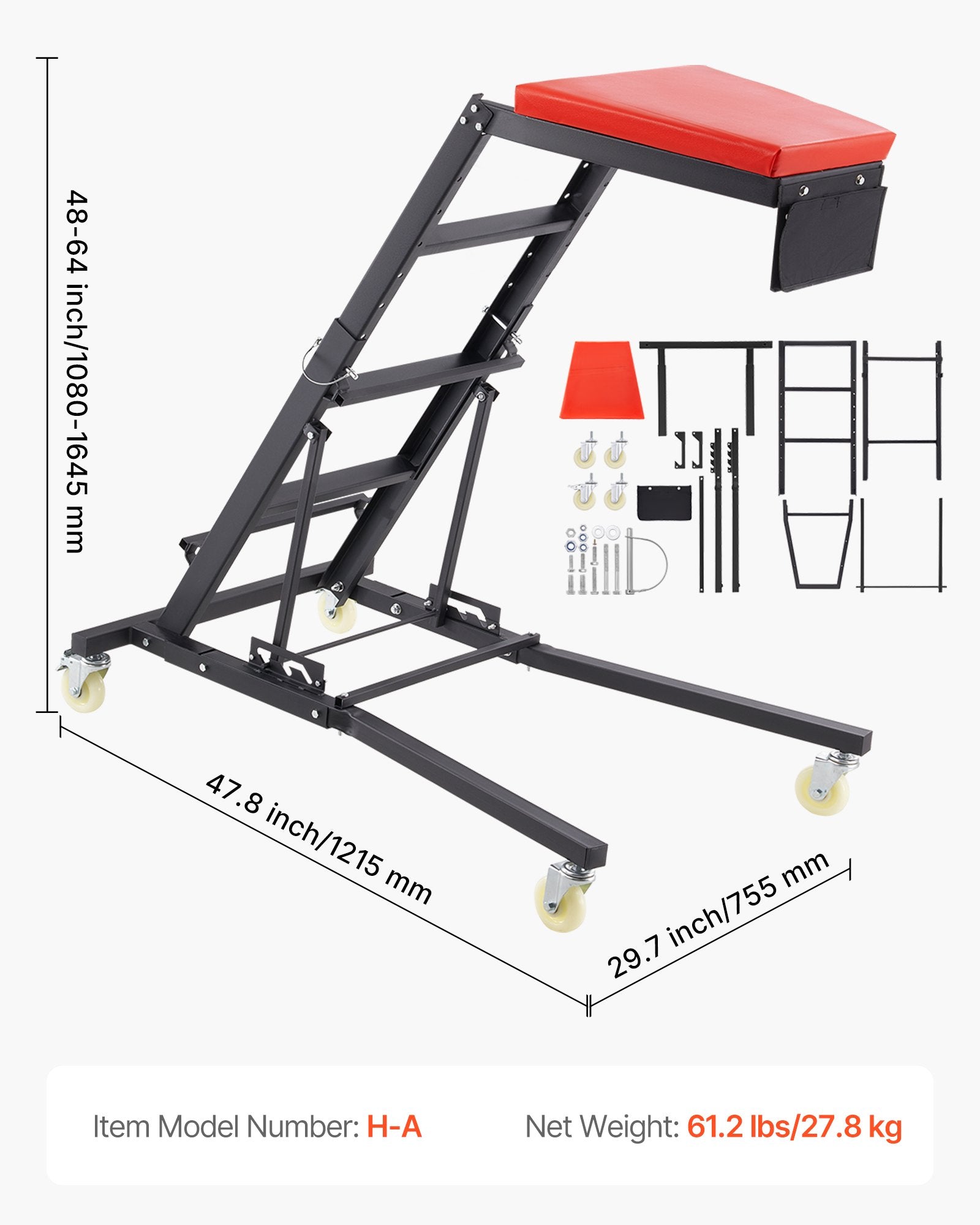 VEVOR Automotive Topside Creeper, Engine Creeper 42.5"-64.8", 181.44KGS Capacity High Top Creeper, 4 Swivel Caster Wheels, Padded Deck, Creeper for Home Garage, Workshop Repair Maintenance