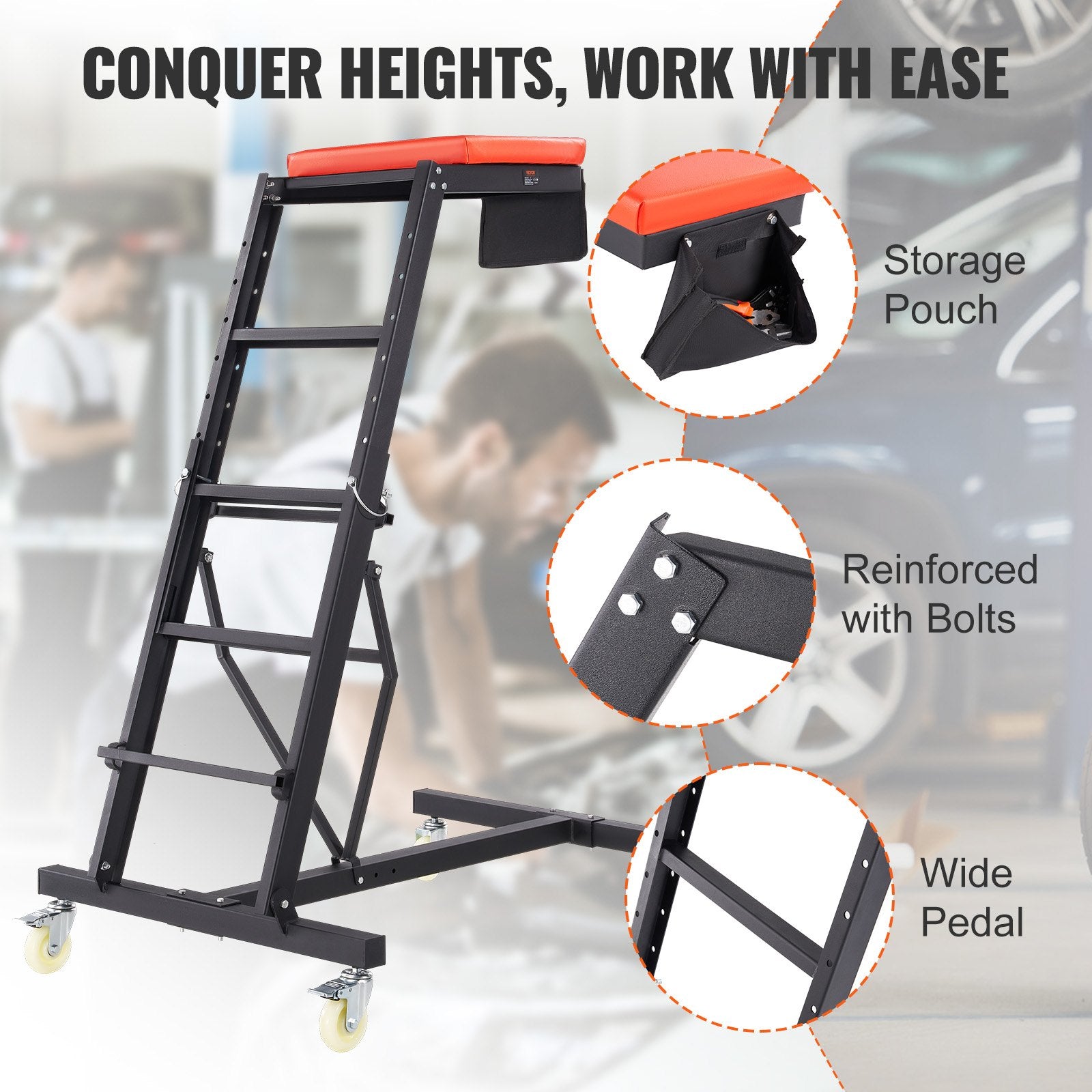 VEVOR Automotive Topside Creeper, with Adjustable Height 49.6" to 75.6", 181.44KGS Capacity High Creeper, 4 Swivel Caster Wheels, Heavy Duty Foldable Creeper for Auto Repair and Maintenance