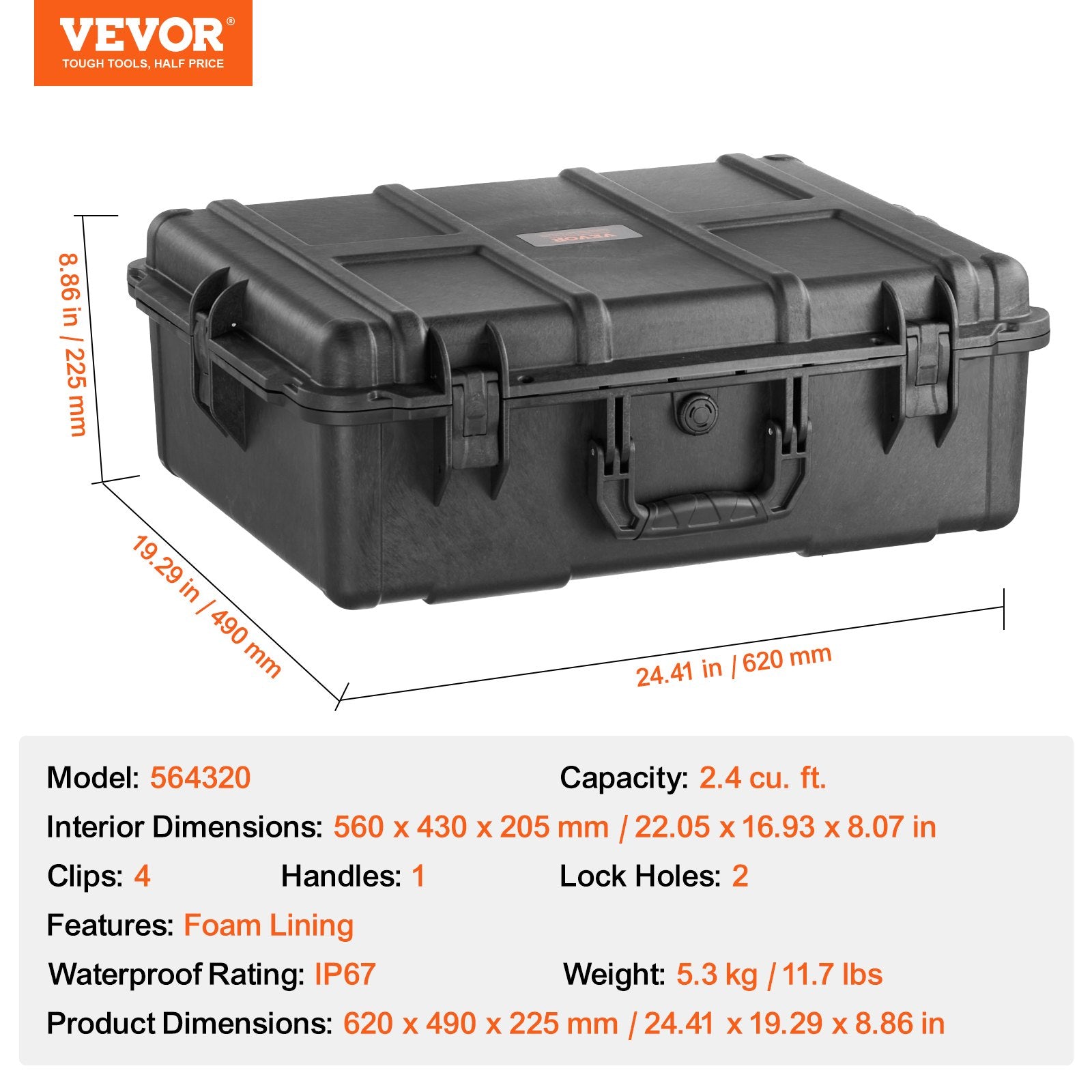 VEVOR Weatherproof Hard Case, Heavy Duty Protective Dry Box Case with Pre-cut Foam, and Retractable Pull Handles for Travel, Hunting, Military, Tactical, IP67 Waterproof Case for Cameras (56.1x37x26)