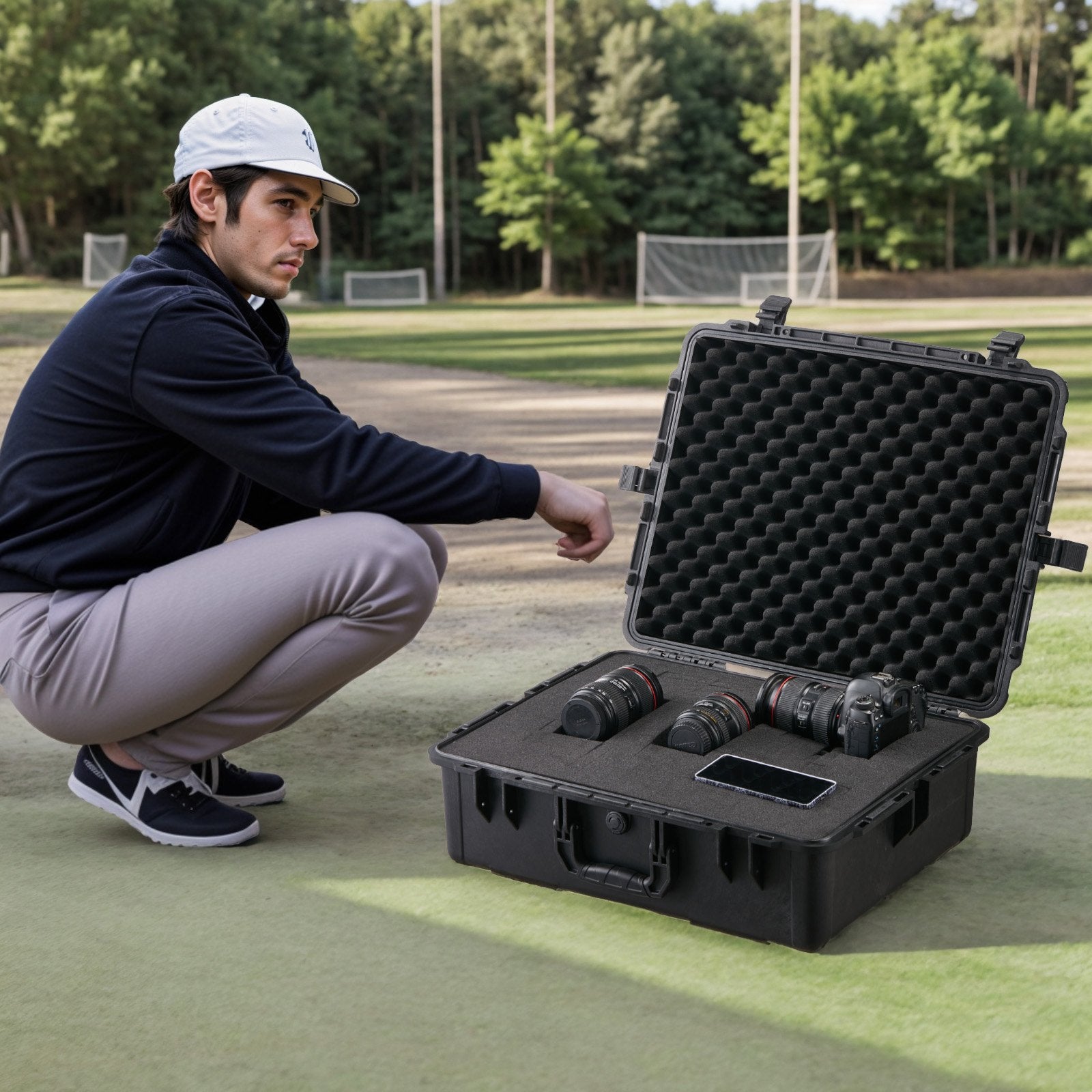 VEVOR Weatherproof Hard Case, Heavy Duty Protective Dry Box Case with Pre-cut Foam, and Retractable Pull Handles for Travel, Hunting, Military, Tactical, IP67 Waterproof Case for Cameras (56.1x37x26)