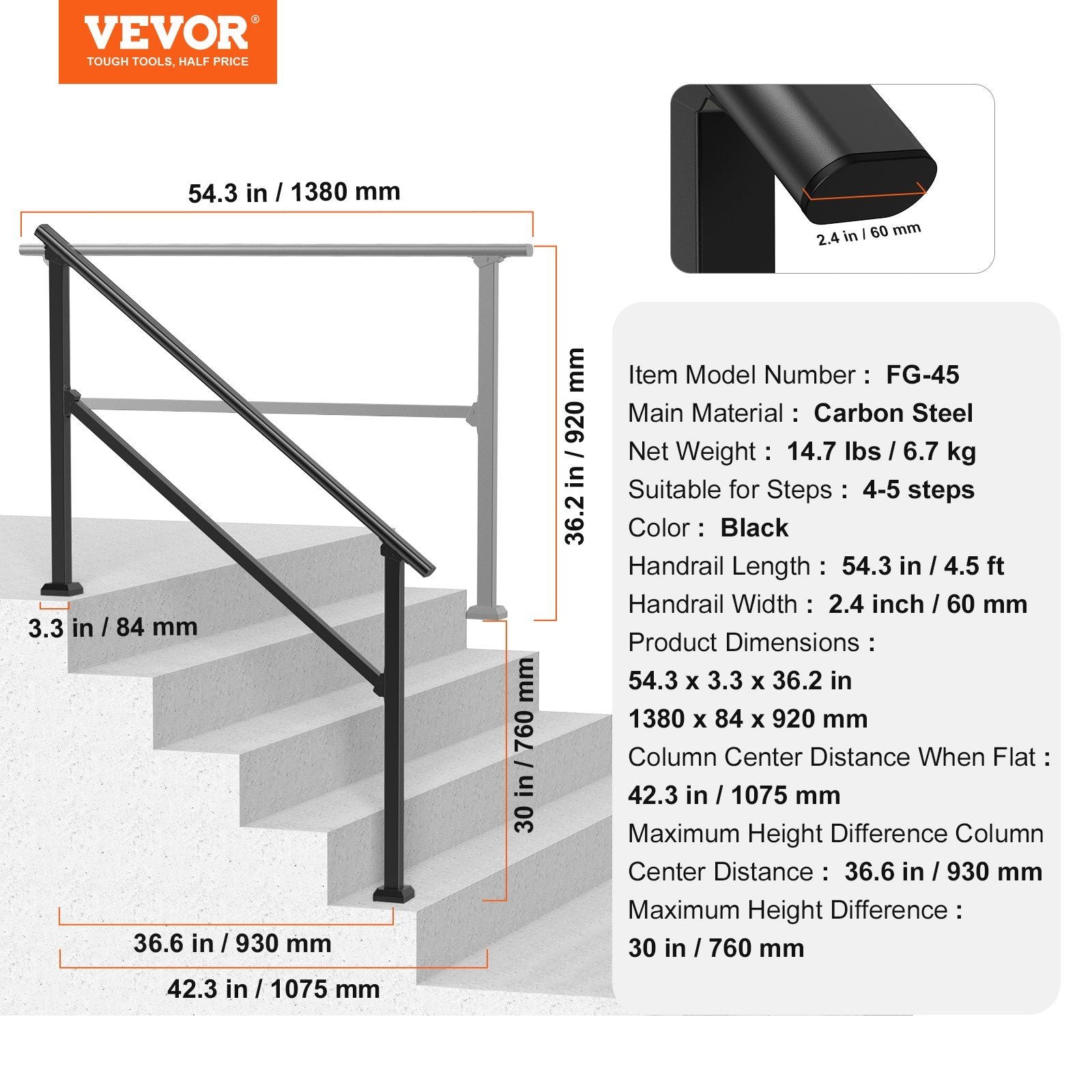 Handrails for Outdoor Steps, 4-5 Step Stair Hand Rail Kit, Transitional Carbon Steel Railings with Installation Kit, Stair Rails for Seniors, Concrete Steps & Porch & Deck, Black Square Tube