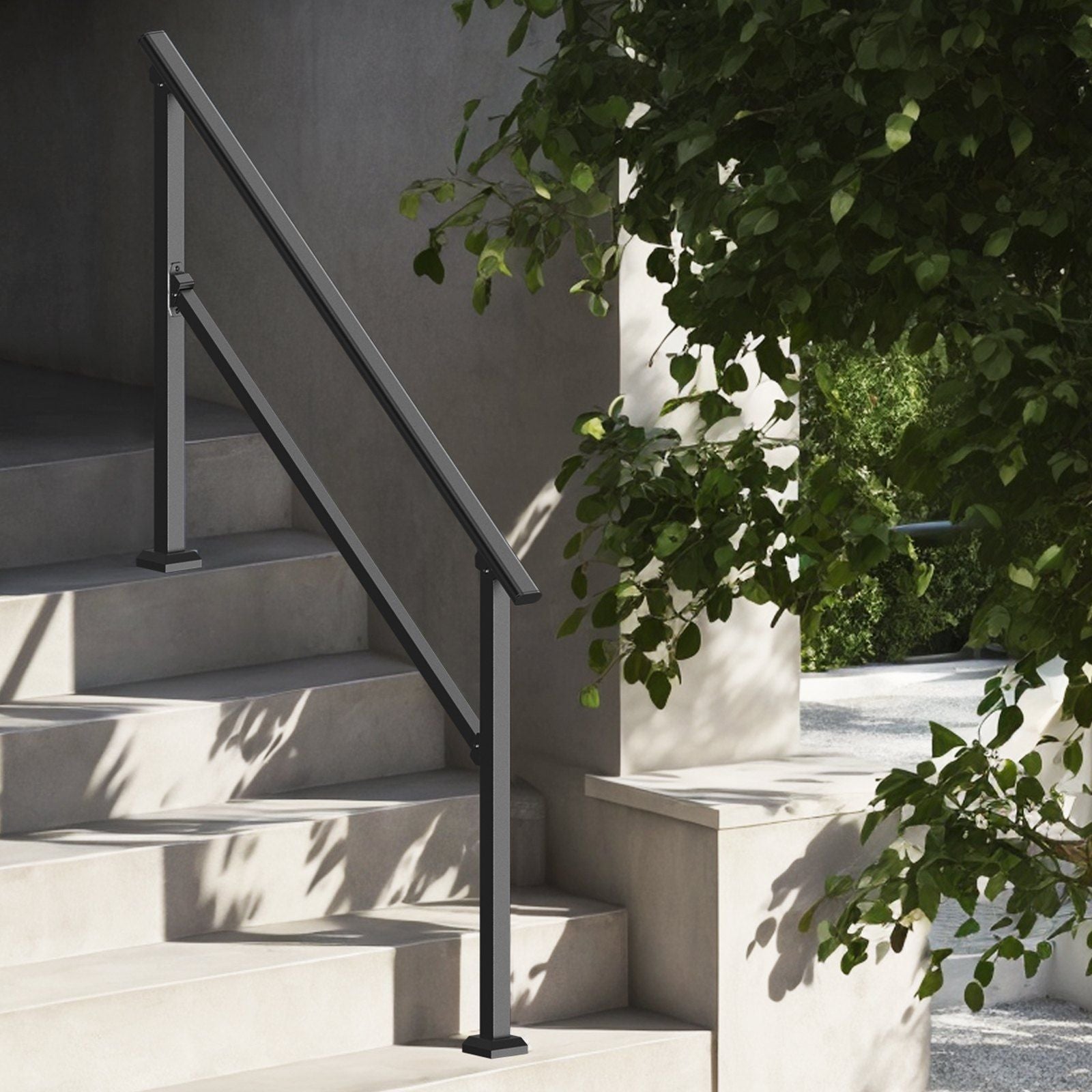 Handrails for Outdoor Steps, 4-5 Step Stair Hand Rail Kit, Transitional Carbon Steel Railings with Installation Kit, Stair Rails for Seniors, Concrete Steps & Porch & Deck, Black Square Tube