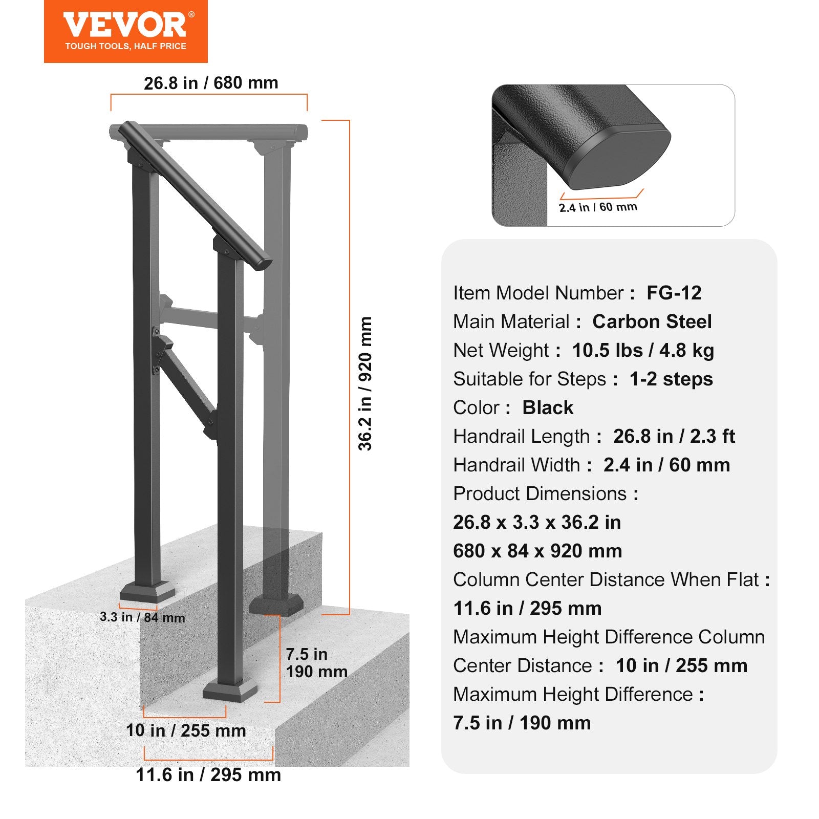 VEVOR Handrails for Outdoor Steps, 1-2 Step Stair Hand Rail Kit, Transitional Carbon Steel Railings with Installation Kit, Stair Rails for Seniors, Concrete Steps & Porch & Deck, Black Square Tube