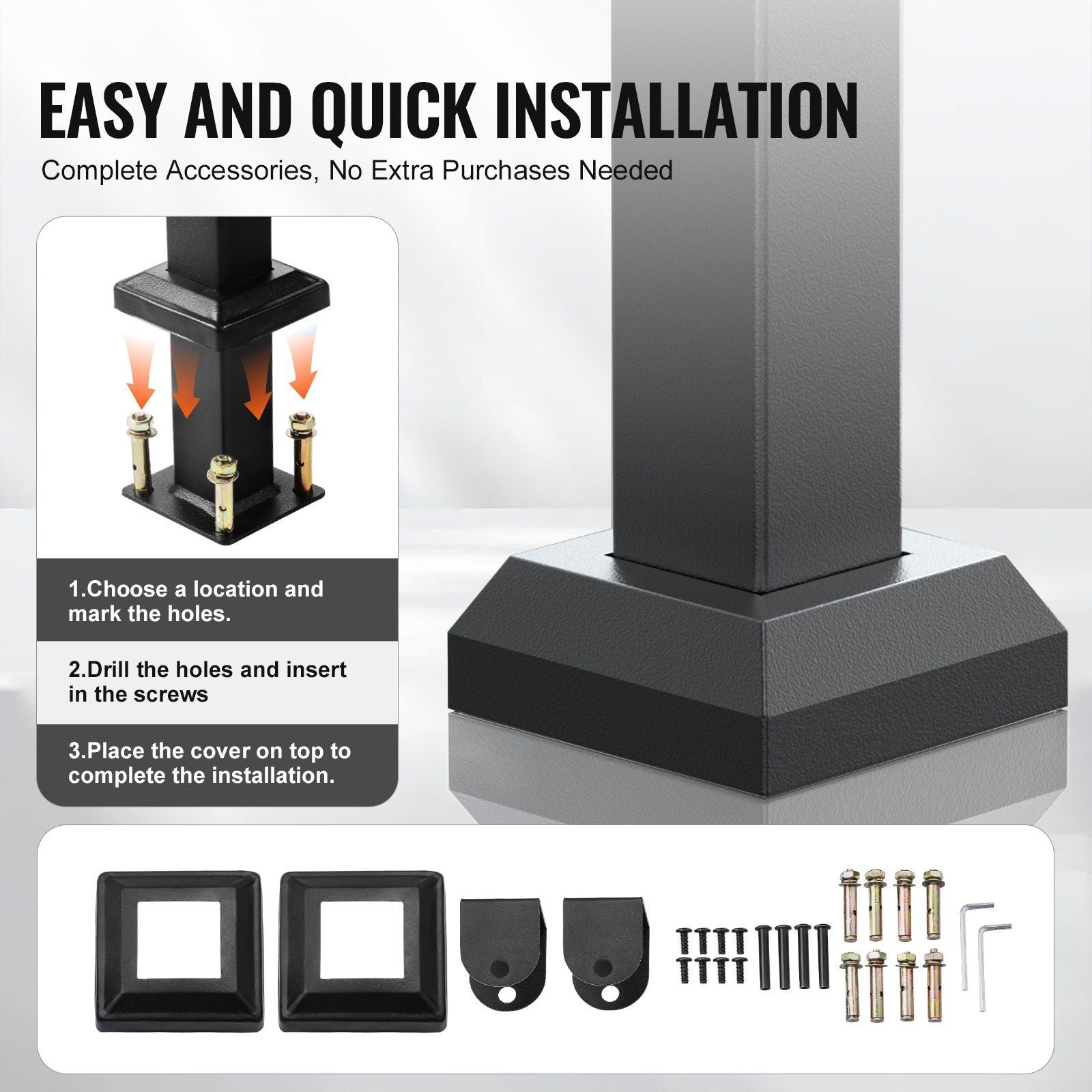 Outdoor Handrails for Steps, 2-3 Step Stair Rail Kit, Black Square Tube with Horizontal Bar, Carbon Steel Support Rails for Seniors, Concrete & Deck Stairs, Easy Installation