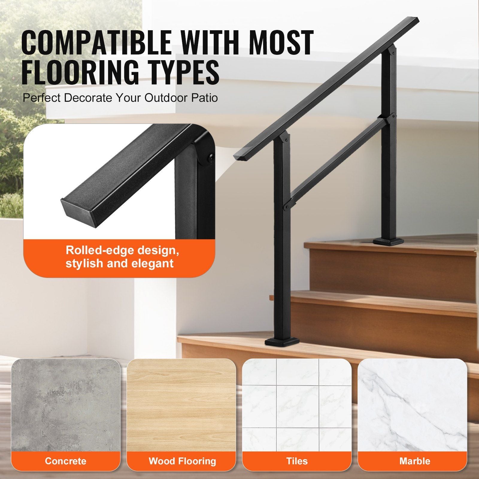 Outdoor Handrails for Steps, 2-3 Step Stair Rail Kit, Black Square Tube with Horizontal Bar, Carbon Steel Support Rails for Seniors, Concrete & Deck Stairs, Easy Installation