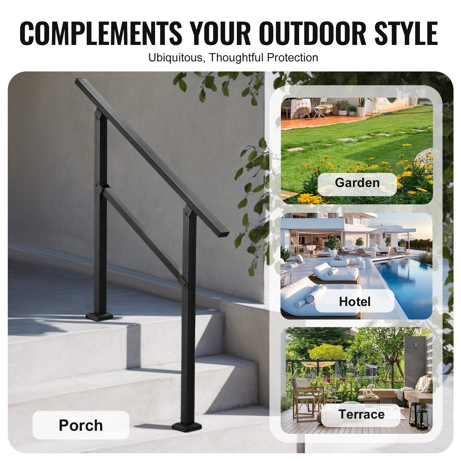 Outdoor Handrails for Steps, 2-3 Step Stair Rail Kit, Black Square Tube with Horizontal Bar, Carbon Steel Support Rails for Seniors, Concrete & Deck Stairs, Easy Installation