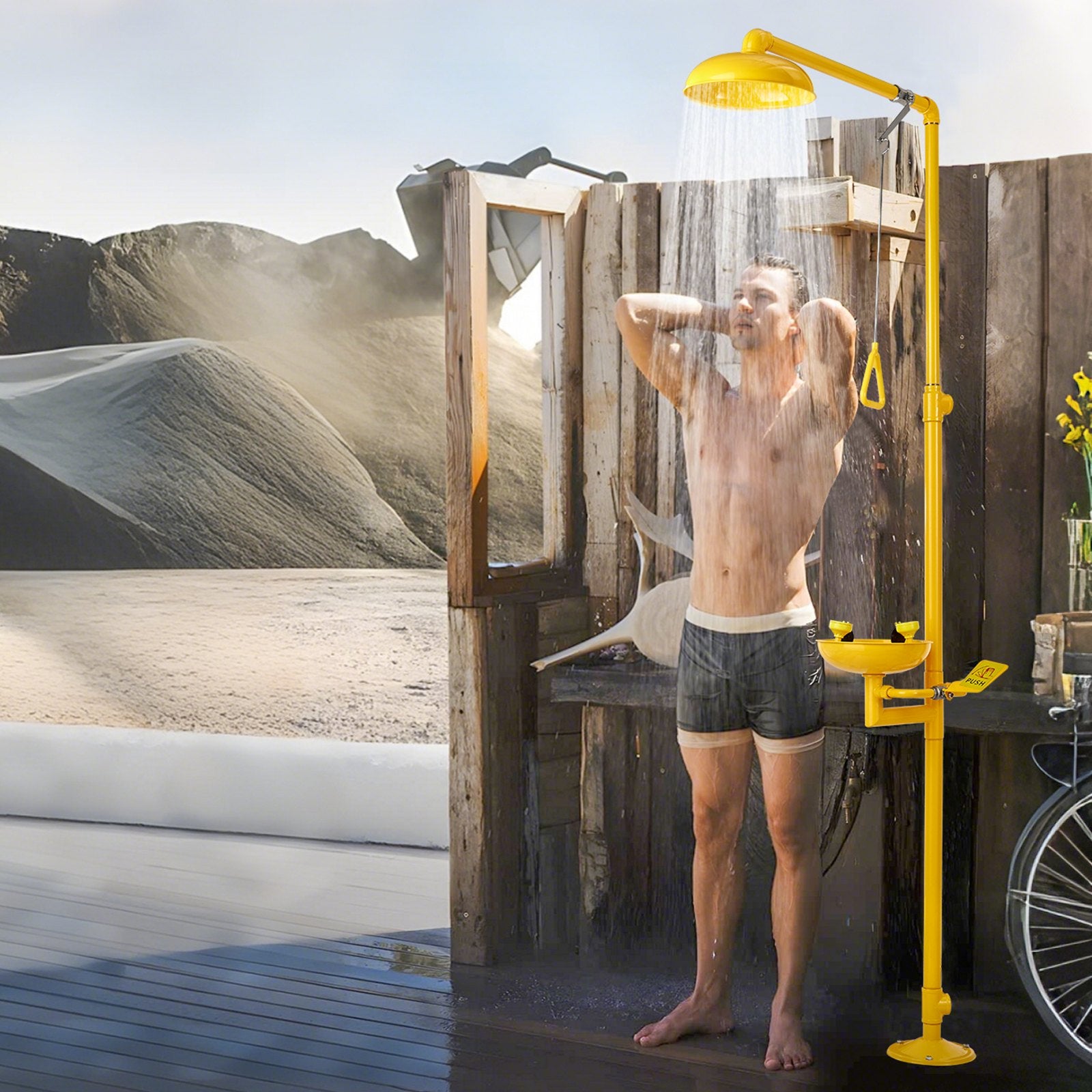 VEVOR Emergency Shower Eye Wash Station, 34.25 x 15.75 x 91.73 Inch 304 Stainless Steel Eyewash and Shower Combination, OSHA-Approved First Aid Eye Wash Station, for Schools, Labs, Factories, Yellow