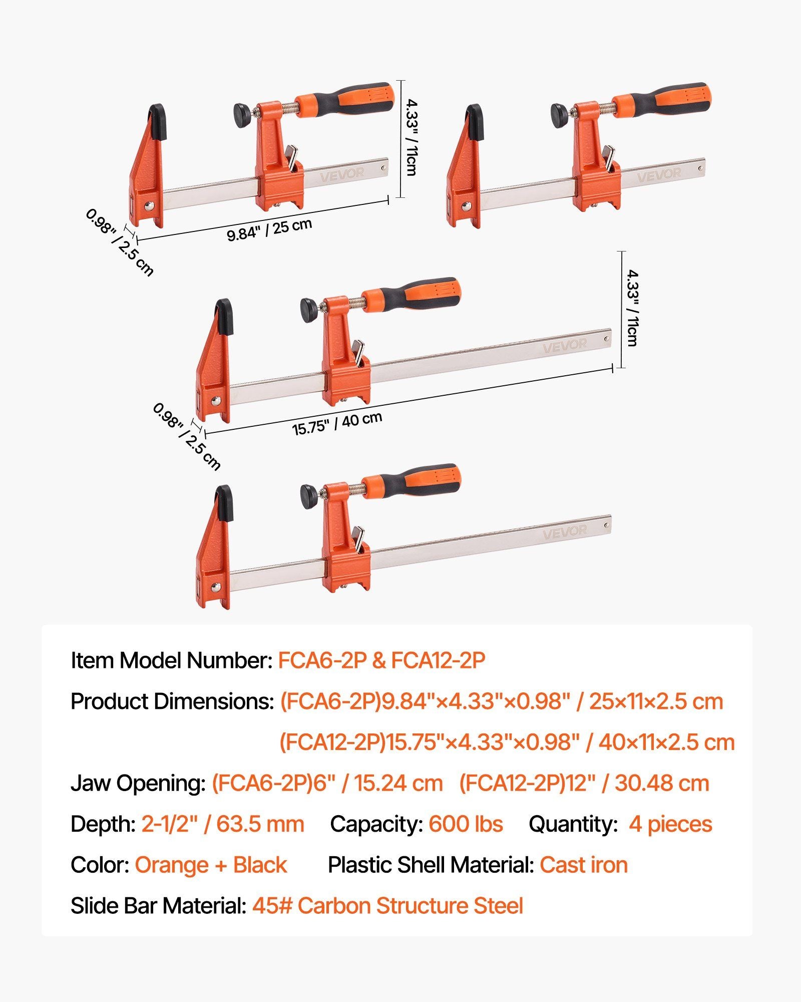 Bar Clamps for Woodworking, 2-Pack 15.24 cm and 2-Pack 30.48 cm, Lockable F-Clamp with 272 kg Load Limit, 63.5 mm Depth, Cast Iron and Carbon Steel, Wood Clamps for Woodworking Metal Working
