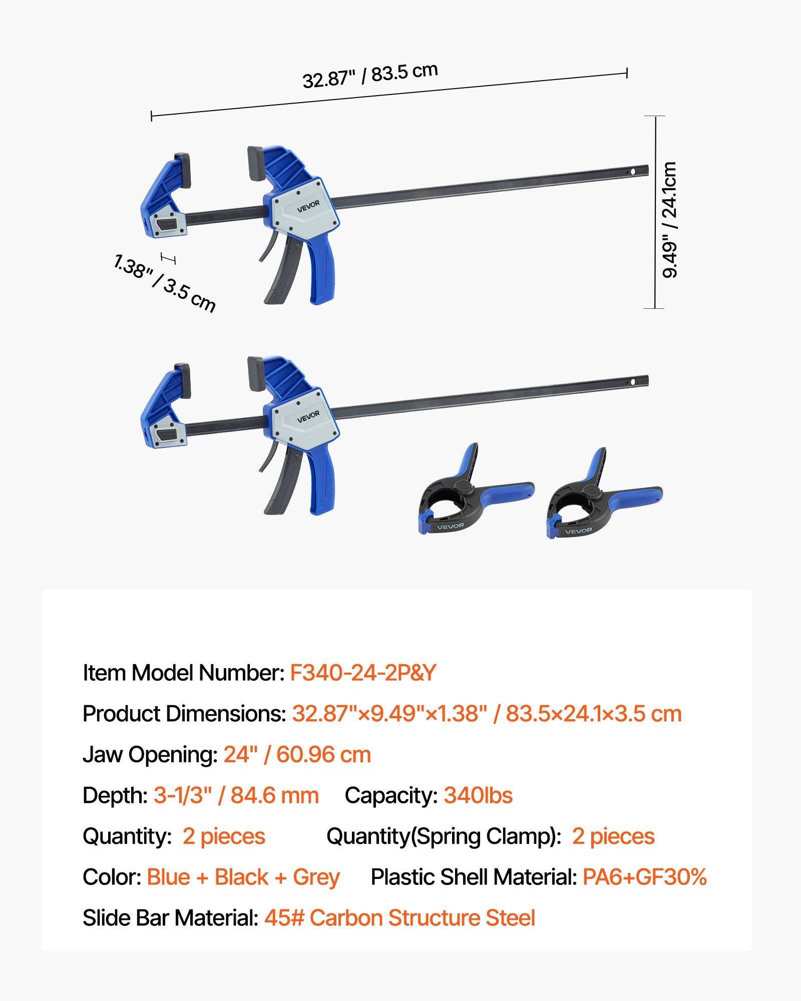 Bar Clamps for Woodworking, 2-Pack 60.96 cm One-Handed Clamp/Spreader, Quick-Grip F-Clamp with 154 kg Load Limit, Premium Plastic and Carbon Steel, for Woodworking Metal working, Blue + Black