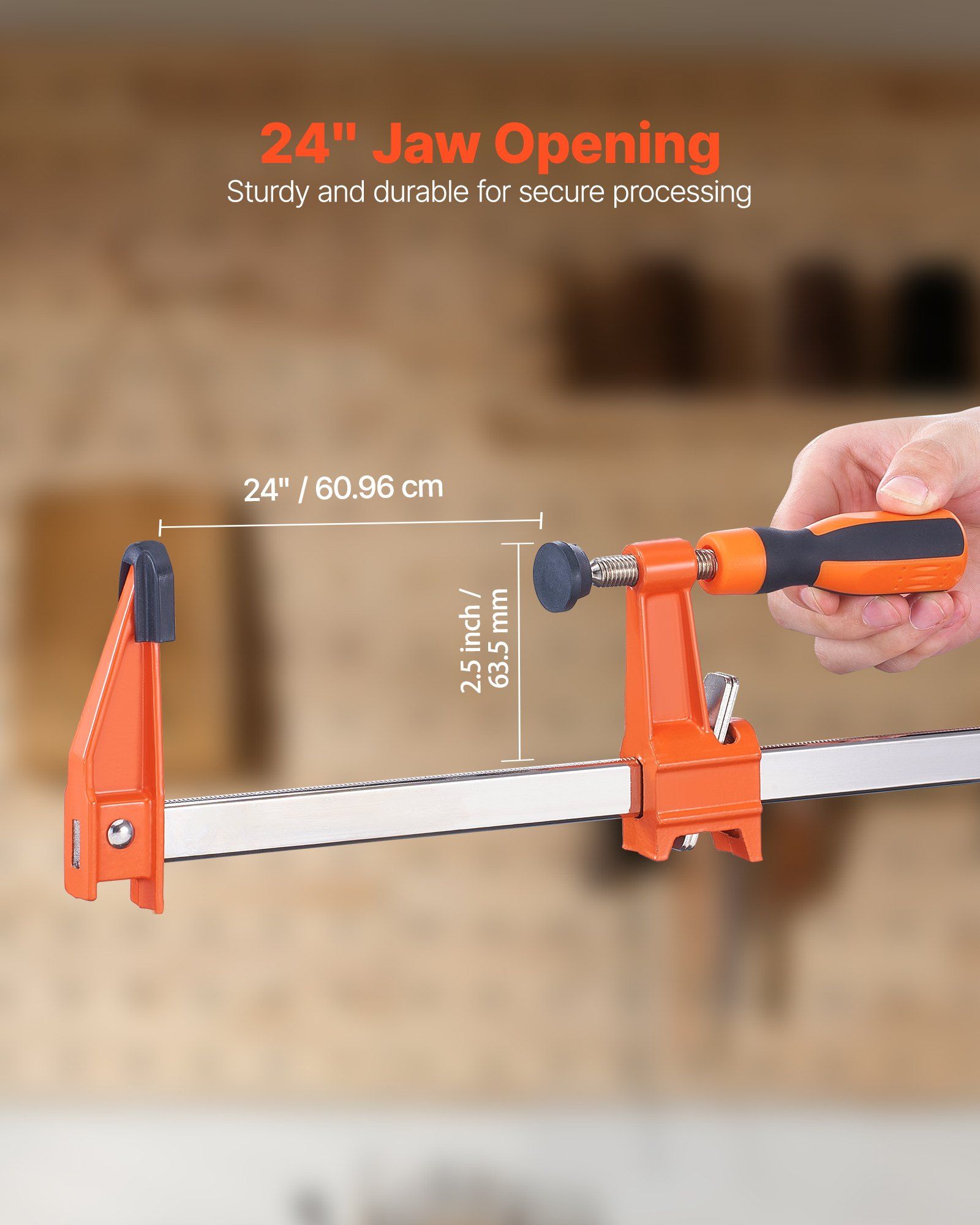 Bar Clamps for Woodworking, 2-Pack 610 mm Opening, Lockable F-Clamp with 272 kg Load Limit, 63.5 mm Depth, Cast Iron and Carbon Steel, Easy to Use, Wood Clamps for Woodworking Metal Working