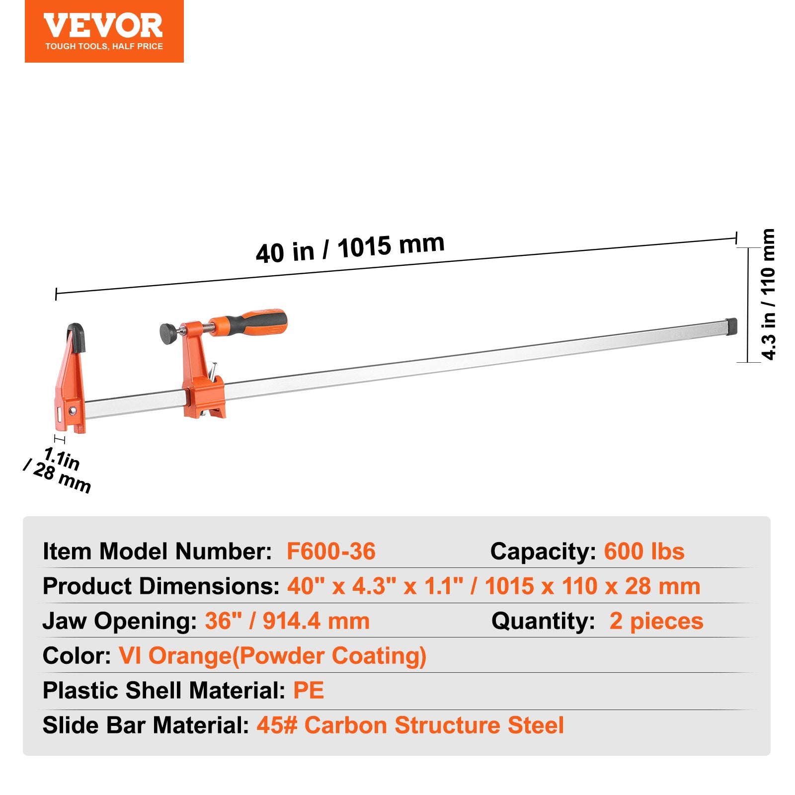 VEVOR Bar Clamps for Woodworking, 2-Pack 914mm Clamp, Quick-Change F Clamp with 600 lbs Load Limit, 2.5" Throat Depth, Cast Iron and Carbon Steel, Wood Clamps for Woodworking Metal Working